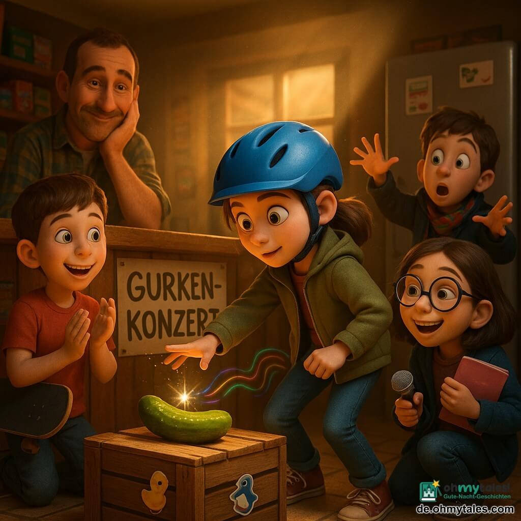 Mira, ein etwa 12-jähriges Mädchen mit konzentriert-sanftem Gesichtsausdruck, gebogenen Stirnrunzeln, zusammengepressten Lippen und blauem Fahrradhelm mit gelbem Blitz, trägt eine khakifarbene Jacke, kniet leicht gebeugt und greift nach einem kleinen funkelnden, unsichtbaren Geräusch, das aus einer großen grünen Gurke auf einer Holzkiste zu kommen scheint; links applaudiert der etwa 11-jährige Benni mit kurzen braunen Haaren, rotem T‑Shirt und Skateboard unter dem Arm, lächelnd und erstaunt, rechts hockt die circa 11-jährige Elif mit großen runden Brillen und einem rosa Skizzenbuch, hält ein Papier‑Mini‑Mikrofon zur Gurke und lacht leise, leicht dahinter macht der etwa 12-jährige Tarek mit schwarzer Jacke und buntem Schal eine dramatische Handbewegung wie zum Vorhangziehen; der etwa 45-jährige Besitzer mit warmem Teint und kariertem Hemd steht links hinter dem Tresen, Hand an der Wange, liebevoll-amüsiert; Ort ist ein kleiner Kiez‑Kiosk mit niedrigen Holzregalen, bunten Bonbon‑Schachteln, silbernem Kühlschrank mit Stickern, warmer Lichtstimmung und sichtbarem Staub, gefalteten Plakaten und einem handgemalten Schild „GURKEN‑KONZERT“ vor der Kiste; die Gurke steht als Bühne auf der Kiste, ein Pinguin‑Aufkleber fällt daneben und ein glänzendes Mini‑Gummihühnchen wird enthüllt; die Stimmung ist komisch, warm und magisch, imaginäre Geräusche als bunte Lichtwellen aus Miras Tasche, visueller Stil: satte Farben, glatte leicht cartoonhafte Texturen, weiches warmes Licht, überzeichnete Mimik und dynamische Posen.