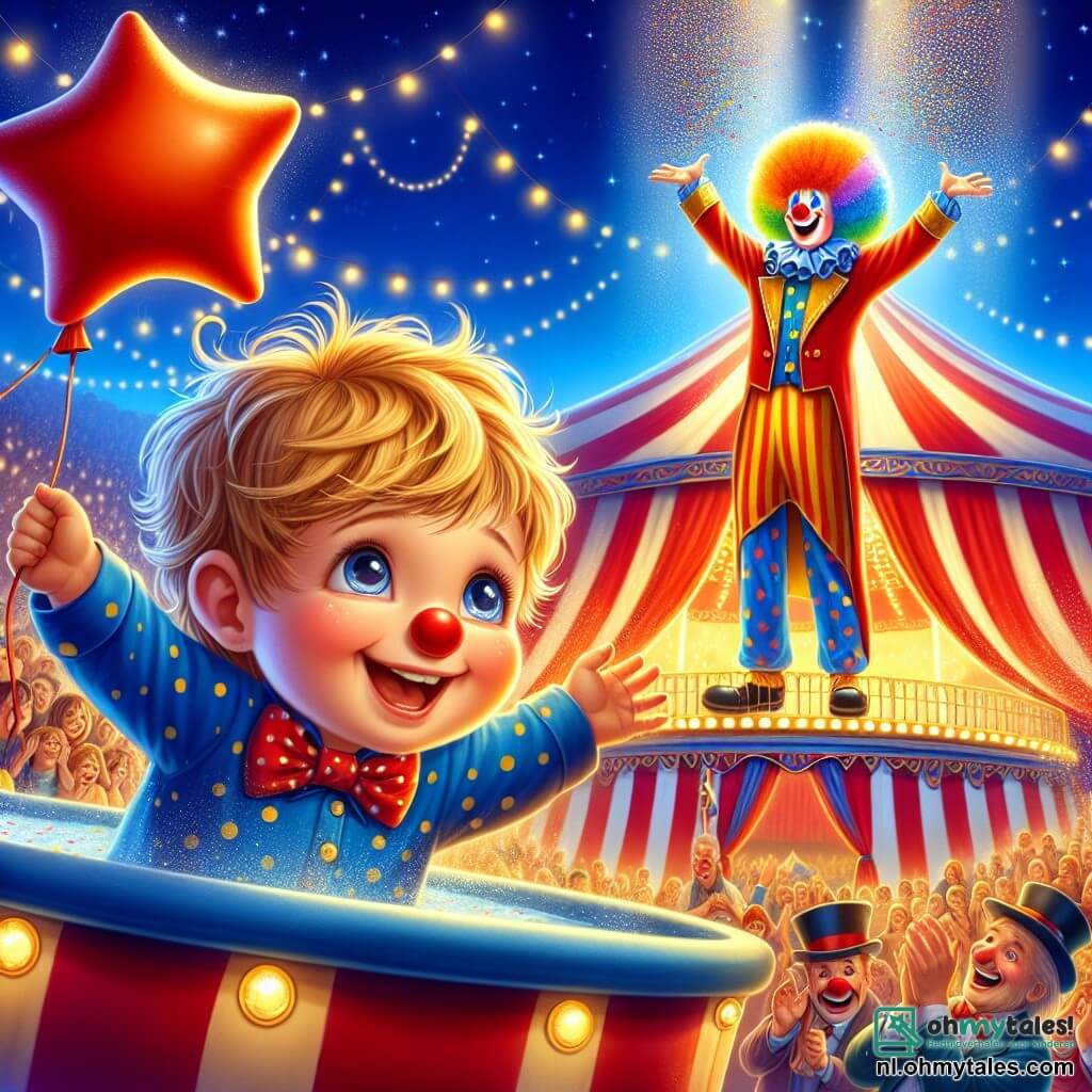 Een 2-jarig jongetje, Tim, met tousled blond haar en stralende ogen, houdt stevig een grote rode stervormige ballon vast. Hij glimlacht breed, verwonderd door de show. Naast hem staat een blije clown van ongeveer 30 jaar met een grote kleurrijke pruik, een rode neus en een stippenkostuum, die opstaat uit een grote badkuip vol confetti, lachend en grimassend. Op de achtergrond staat een majestueuze circus tent met felle kleuren, met rode en witte strepen, onder een stralende blauwe lucht. Flikkerende lichten verlichten het podium en verwonderde toeschouwers staan eromheen en applaudisseren. De hoofdscene toont Tim, met een stralend gelukkige gezicht, kijkend naar de clown die net in de confetti is gevallen, wat een sfeer van vreugde en magie creëert in deze betoverende circuswereld.