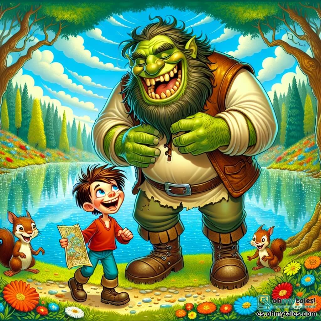 Un gran ogro llamado Grog, con una barba desordenada y una sonrisa cálida, se encuentra en el centro de la escena, riendo de todo corazón. Tiene piel verde y ojos chispeantes de malicia, vistiendo una túnica de cuero y pantalones de tela. A su lado, un niño pequeño llamado Tito, de unos 8 años, con cabello castaño alborotado y una mirada curiosa, sostiene un mapa del tesoro, con los ojos brillantes de emoción. Tito lleva una camiseta roja y un pantalón corto azul, y está ligeramente inclinado hacia adelante, como si estuviera a punto de descubrir algo maravilloso. En el fondo, un lago brillante refleja el cielo azul, rodeado de flores coloridas que bailan al viento. Árboles majestuosos con troncos gruesos y hojas verdes forman un fondo mágico. La escena principal muestra a Grog y Tito, rodeados de alegres ardillas, buscando un tesoro escondido. Todos ríen y se divierten, llenando el aire de alegría y aventura, mientras un grupo de patos curiosos los observa desde la orilla del lago.