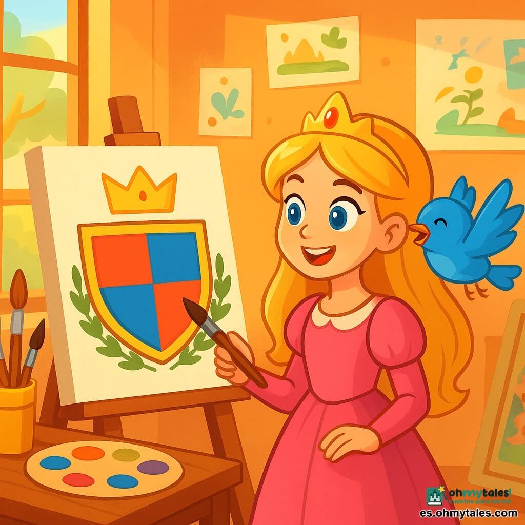 La princesa Elara, una niña de unos 10 años, está de pie en su luminoso taller, rodeada de pinceles y lienzos. Tiene largos cabellos dorados que caen en cascada sobre sus hombros, y sus ojos brillantes reflejan emoción y determinación. Sostiene un pincel en su mano, lista para pintar, con una radiante sonrisa en su rostro. A su lado, un pequeño pájaro azul, el mensajero del bosque, vuela alegremente a su alrededor. Sus plumas brillan bajo la luz y canta una suave melodía para animar a la princesa. El taller está lleno de luz, con grandes ventanas que dejan entrar el sol. Las paredes están cubiertas de dibujos coloridos y bocetos, y un gran lienzo blanco espera ser pintado, listo para acoger el escudo del reino. La escena principal muestra a Elara, inspirada por la belleza del mundo que la rodea, pintando un escudo vibrante de colores, simbolizando la unidad y la armonía de su reino. Los colores brillantes del lienzo contrastan con el cálido fondo del taller, creando una atmósfera alegre y creativa.