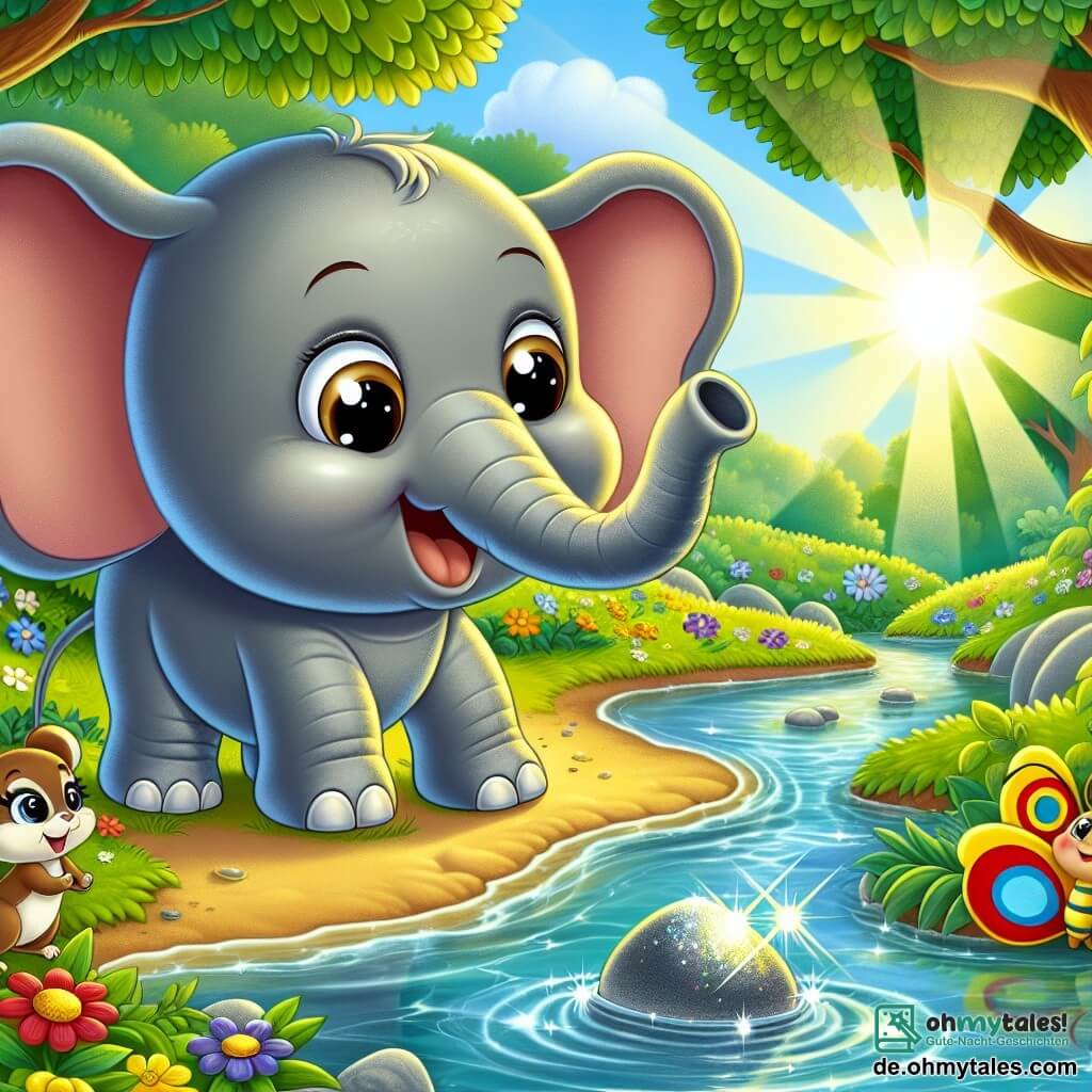 Ein fröhlicher Elefant namens Emil mit weichem grauem Fell und großen Ohren steht am Ufer eines kleinen Baches, dessen Wasser unter der Sonne glitzert. Er hat große, runde Augen voller Aufregung und ein breites Lächeln, während er mit seinem langen Rüssel einen wunderschönen, glitzernden Stein greift, der im Wasser rollt. Neben ihm fliegt ein bunter Schmetterling namens Pipo mit leuchtenden roten, gelben und blauen Flügeln um Emil und ermutigt ihn begeistert. Nahe dem Boden beobachtet eine neugierige kleine Maus namens Mia mit braunem Fell und großen, glänzenden Augen aufmerksam die Szene und ist bereit, ihren Freunden Anweisungen zu geben. Die Umgebung ist ein Dach aus üppigem Grün mit majestätischen Bäumen und leuchtenden Blumen in allen Farben, die den Bach säumen. Sonnenstrahlen brechen durch das Laub und tauchen die Szene in goldenes Licht. Die Hauptsituation zeigt Emil, Pipo und Mia, die vereint in einem fröhlichen Abenteuer arbeiten, um den wertvollen Stein aus dem Wasser zu holen, was die Bedeutung von Freundschaft und Zusammenarbeit verdeutlicht.