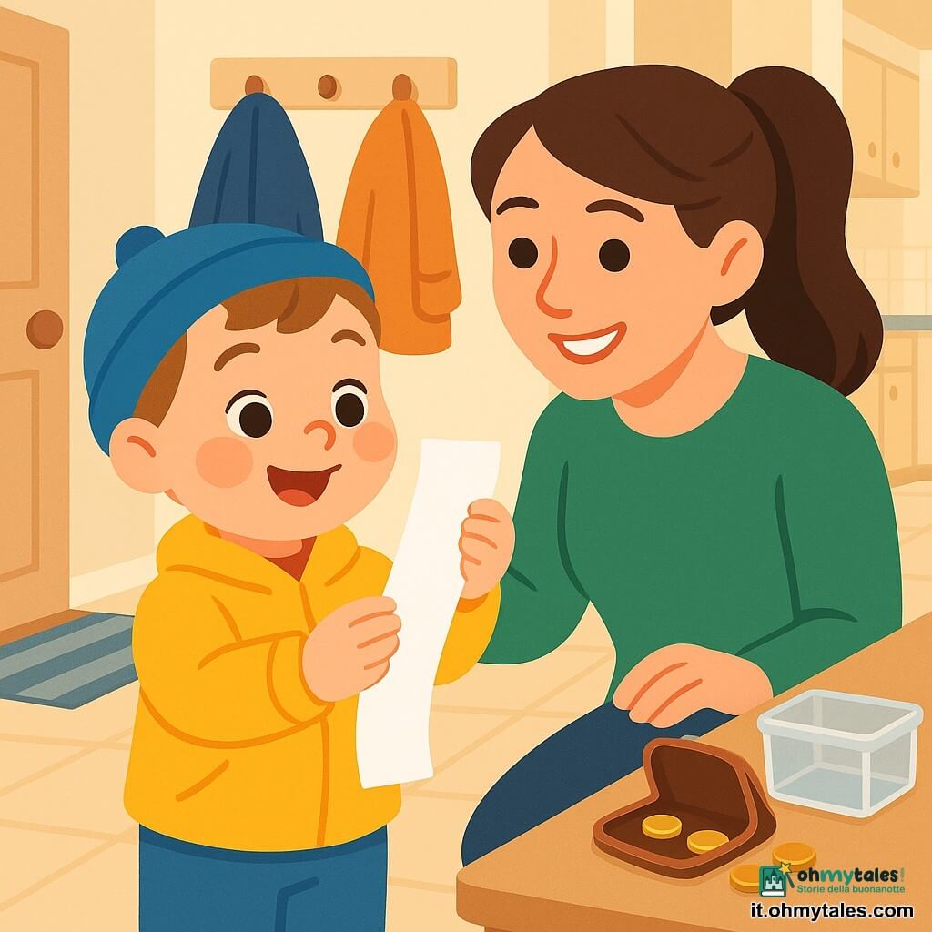 Un bimbo di 4 anni, viso rotondo e guance paffute, capelli corti castano chiaro, con berretto blu e giacca gialla, tiene delicatamente uno scontrino bianco lungo e lo guarda a occhi brillanti; accanto a lui la madre di circa 32 anni, sorridente e riconoscente, capelli castani raccolti in coda, con un maglione verde, è inginocchiata con una mano sulla sua spalla e guarda lo scontrino; a destra un tavolo da cucina chiaro con un portafoglio marrone aperto, monete e una piccola scatola trasparente dove la madre metterà lo scontrino; ambiente luminoso che si apre sulla cucina con pavimento piastrellato beige, zerbino a righe vicino alla porta e appendini con cappotti sullo sfondo; atmosfera gioiosa e rassicurante, colori vivaci e contrastati, forme semplici e rotonde, ampio spazio negativo per una resa chiara per bambini di 4 anni.
