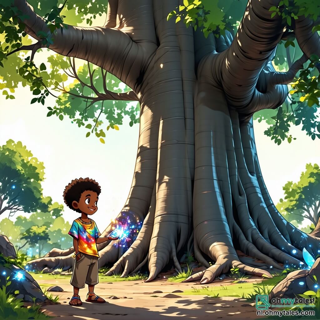 Kofi, een veertienjarig jongen, staat in de schaduw van een enorme baobab, zijn ogen glinsteren van nieuwsgierigheid en verwondering. Hij heeft krullend haar en een stralende glimlach, gekleed in een kleurrijk T-shirt en een broek van canvas. Hij houdt een glinsterende amulet in zijn hand en kijkt gefascineerd naar de magie om hem heen. Naast hem zit Nana Yaa, een wijze oude vrouw met wit haar en rimpelige huid, op een steen, met een welwillende blik op Kofi gericht. Ze draagt een traditionele jurk met levendige patronen en houdt een gebeeldhouwde staf vast, die haar wijsheid symboliseert. De locatie is een Afrikaanse savanne, verlicht door gouden licht, met hoge grassen die meedeinen op de wind en een blauwe lucht vol donzige witte wolken. Op de achtergrond staan andere majestueuze baobabs, wat een mystieke sfeer creëert. De belangrijkste situatie toont Kofi die de magische amulet ontdekt die door de baobab is gegeven, terwijl lichtflitsen om hem heen dansen, die de geheimen van wijsheid en moed onthullen.