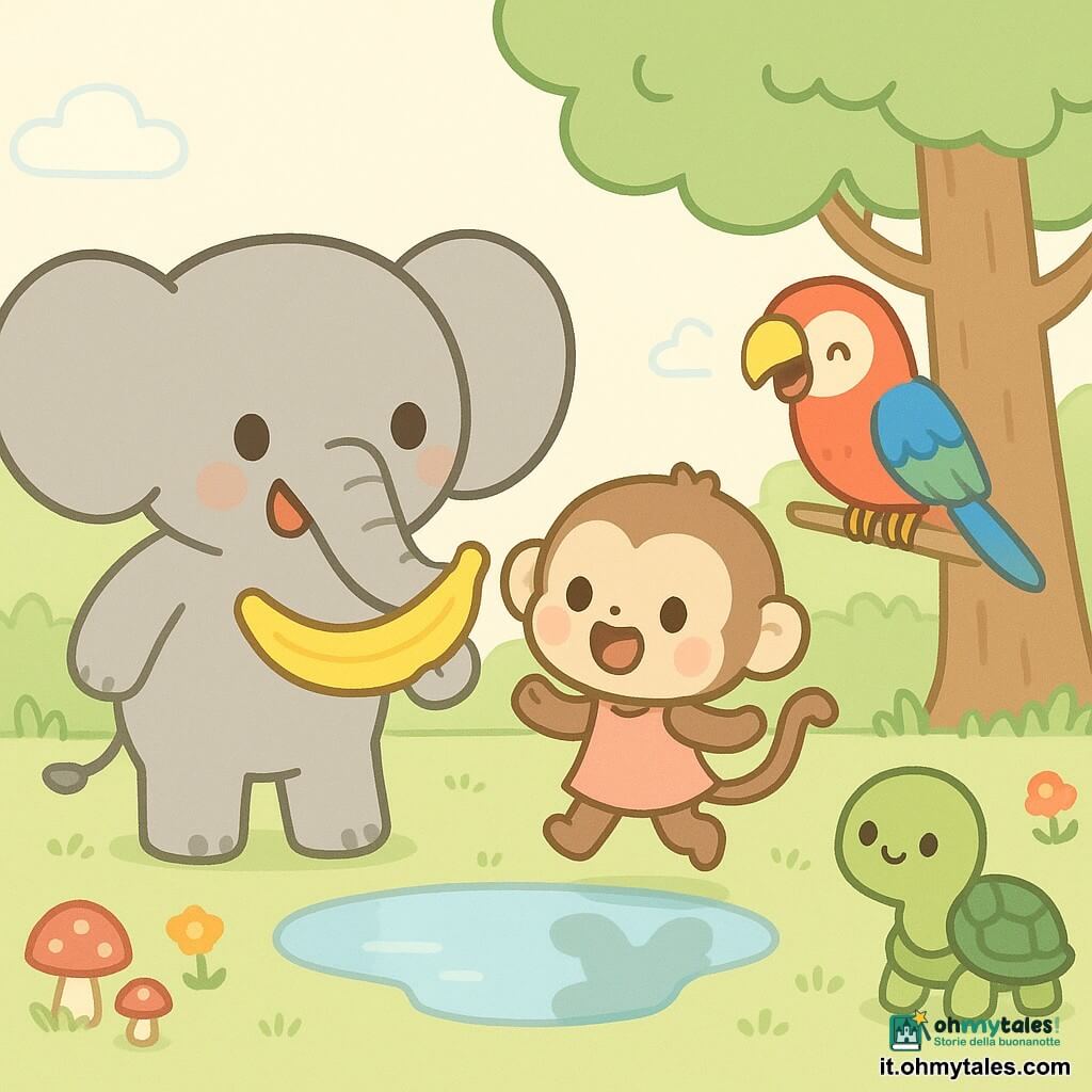 Un elefante di nome Gino, grande e grigio con grandi orecchie rotonde, sorride tenendo sotto la proboscide una banana di gomma; la piccola scimmia Lalla, pelliccia bruna chiara, salta vicino a una pozza sorpresa e divertita tenendo la banana finta; il pappagallo Pipo, piume rosse, blu e verdi vivaci, è appollaiato su un ramo a destra e ride; la tartaruga Nina, carapace verde semplice, osserva sorridendo dalla radura; ambientazione: radura forestale assolata con un grande albero sullo sfondo, erba, fiori, una pozza riflettente e qualche fungo rosso; situazione: Gino mostra la sua banana magica in gomma agli amici, momento di sorpresa e risate condivise; composizione centrata, colori pastello vivaci, contorni morbidi, sfondo semplice, atmosfera calda e infantile, luce dolce, formato orizzontale, nessun testo, stile pulito adatto ai più piccoli.