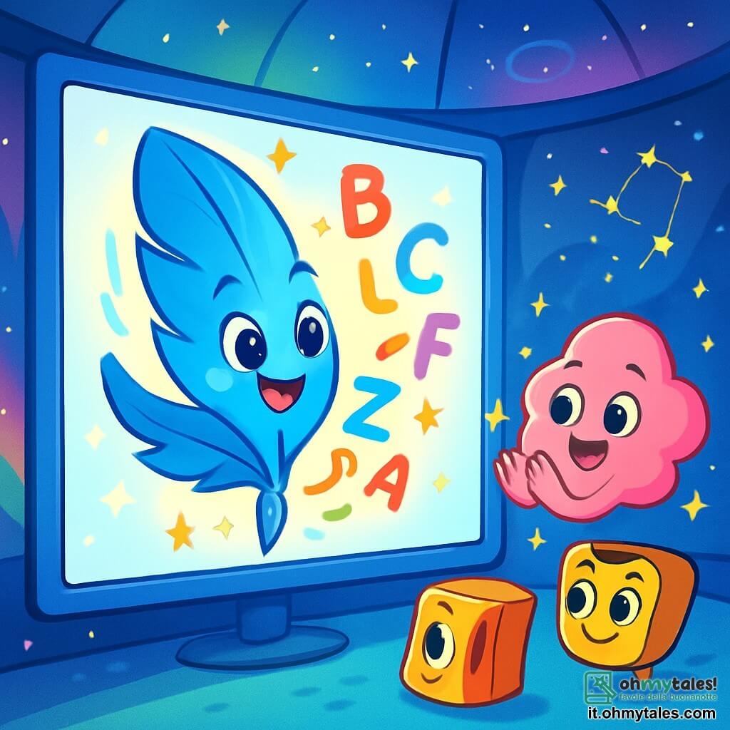 La Penna Stellata, una piccola penna blu brillante con una punta argentata, danza gioiosamente su un grande schermo luminoso, mentre le sue lettere colorate vorticano attorno a lei. Ha occhi scintillanti di curiosità e un sorriso radioso. Accanto a lei, la Gomma Sorridente, una gomma rosa a forma di nuvola, applaude con occhi rotondi e brillanti, mostrando orgoglio e incoraggiamento. Fluttua leggermente sopra il suolo, circondata da piccole stelle scintillanti. Il Temperino Curioso, un temperino giallo vivo con un volto amichevole, osserva con un sorriso incoraggiante, pronto a sostenere la sua amica. La scena si svolge in un planetario magico, dove luci colorate proiettano galassie e costellazioni sui muri, creando un'atmosfera incantevole. La Penna Stellata scrive una storia sul grande schermo, trasformando i suoi errori in stelle brillanti, mentre i suoi amici la incoraggiano con sorrisi calorosi.