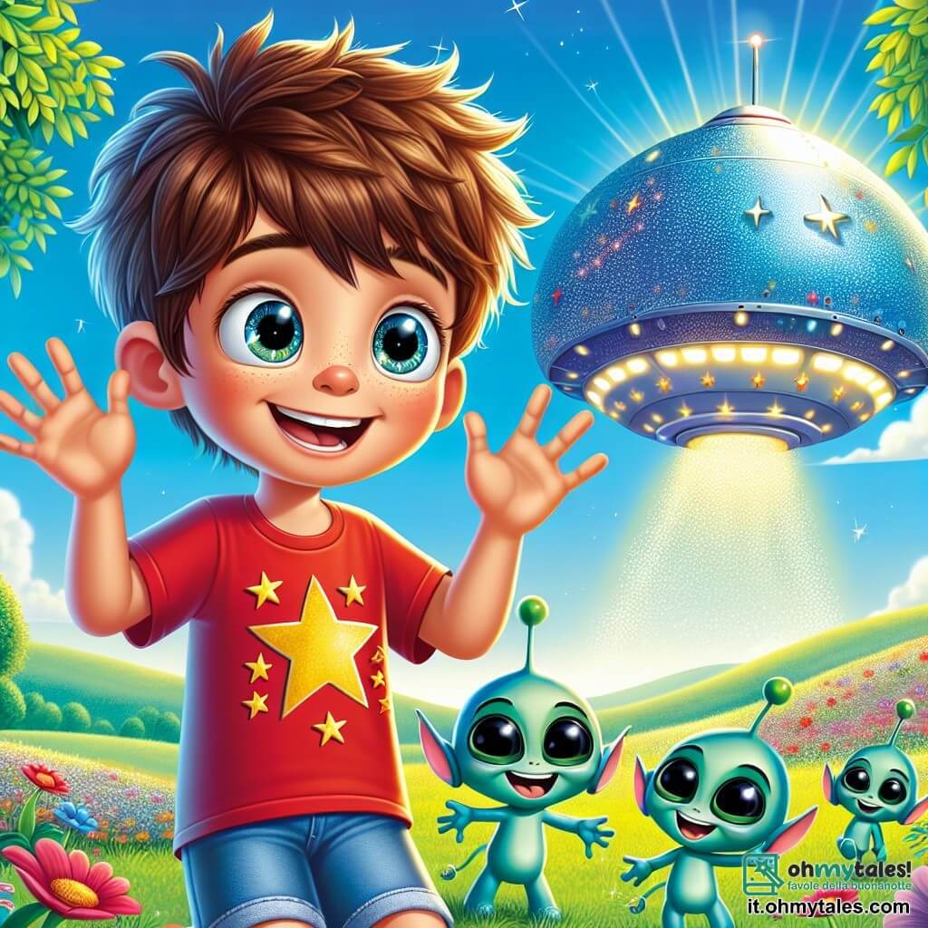 Un ragazzo di 12 anni, Leo, con capelli castani disordinati e occhi brillanti di curiosità, si trova davanti a un'astronave scintillante di colore blu, il viso illuminato dallo stupore. Indossa una maglietta rossa con un motivo di stelle e pantaloni corti di jeans, con le mani alzate in segno di eccitazione mentre si prepara a entrare nella navetta spaziale. Accanto a lui, tre extraterrestri Zylor, piccoli esseri verdi con grandi occhi neri e orecchie a punta, fluttuano gioiosamente intorno a lui. La scena si svolge in un campo verde, sotto un cielo blu brillante, dove l'astronave brilla al sole, circondata da fiori colorati e alberi frondosi. Leo, meravigliato e pronto a imbarcarsi nell'astronave con i suoi nuovi amici extraterrestri, simboleggia l'inizio di un'incredibile avventura intergalattica.