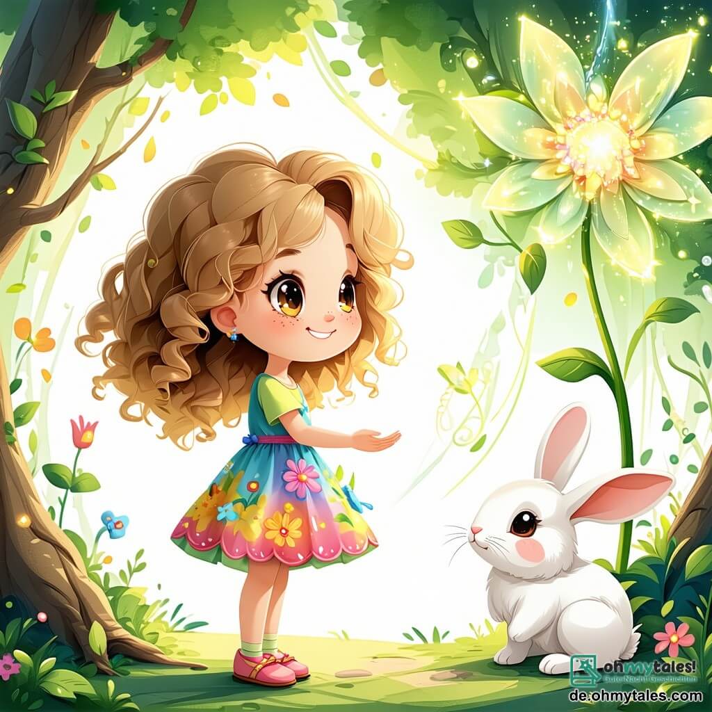 Ein kleines Mädchen von 4 Jahren, Lili, mit großen leuchtenden Augen und lockigem, goldenem Haar, steht im Zentrum eines magischen Gartens. Sie trägt ein buntes Kleid mit Blumenmustern und hat ein staunendes Lächeln im Gesicht, während sie sich einer großen funkelnden Blume, der Blume der Wahrheit, nähert. Neben ihr sitzt ein kleiner Hase namens Hopsi, mit weißem Fell und langen Ohren, der Lili fröhlich ansieht. Hopsi sitzt auf seinen Hinterbeinen und ist bereit, ihr die Wunder des Gartens zu erklären. Der Garten ist voller bunten Blumen, die im Wind tanzen, majestätischen Bäumen mit dicken Stämmen und Sonnenstrahlen, die durch die Blätter filtern und eine märchenhafte Atmosphäre schaffen. Die Hauptsituation zeigt Lili, die die Blume der Wahrheit entdeckt, mit weit aufgerissenen Augen vor Staunen, während Hopsi ihr erklärt, dass die Wahrheit in der Selbstliebe und der Liebe zu anderen liegt.