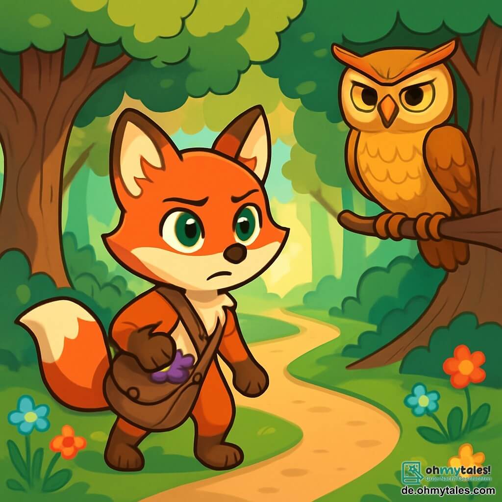 Liara, eine kleine Fuchs mit leuchtendem Fell und strahlend grünen Augen, steht am Rand eines geheimnisvollen Weges, ihr Gesicht von mutiger Entschlossenheit geprägt. Sie trägt eine kleine Umhängetasche voller funkelnder Beeren und schaut neugierig auf den Pfad, der sich vor ihr erstreckt. Neben ihr sitzt Orin, eine weise Eule mit goldenen Federn und runden Augen, auf einem niedrigen Ast eines Baumes. Sein Ausdruck ist ernst und aufmerksam, während er den Weg mit einem Hauch von Besorgnis in seinen Augen betrachtet. Der Ort ist eine verzauberte Lichtung, umgeben von großen Bäumen mit knorrigen Stämmen und leuchtend grünen Blättern. Sonnenstrahlen dringen durch das Laub und schaffen Lichtflecken im weichen Gras, während bunte Blumen sanft im Rhythmus des Windes tanzen. Die Hauptsituation zeigt Liara, die zögert, ihren Weg zu wählen, mit einem Herzen voller Aufregung und Angst, während sie sich darauf vorbereitet, das Unbekannte zu betreten, entschlossen, das Licht des Waldes zu retten.