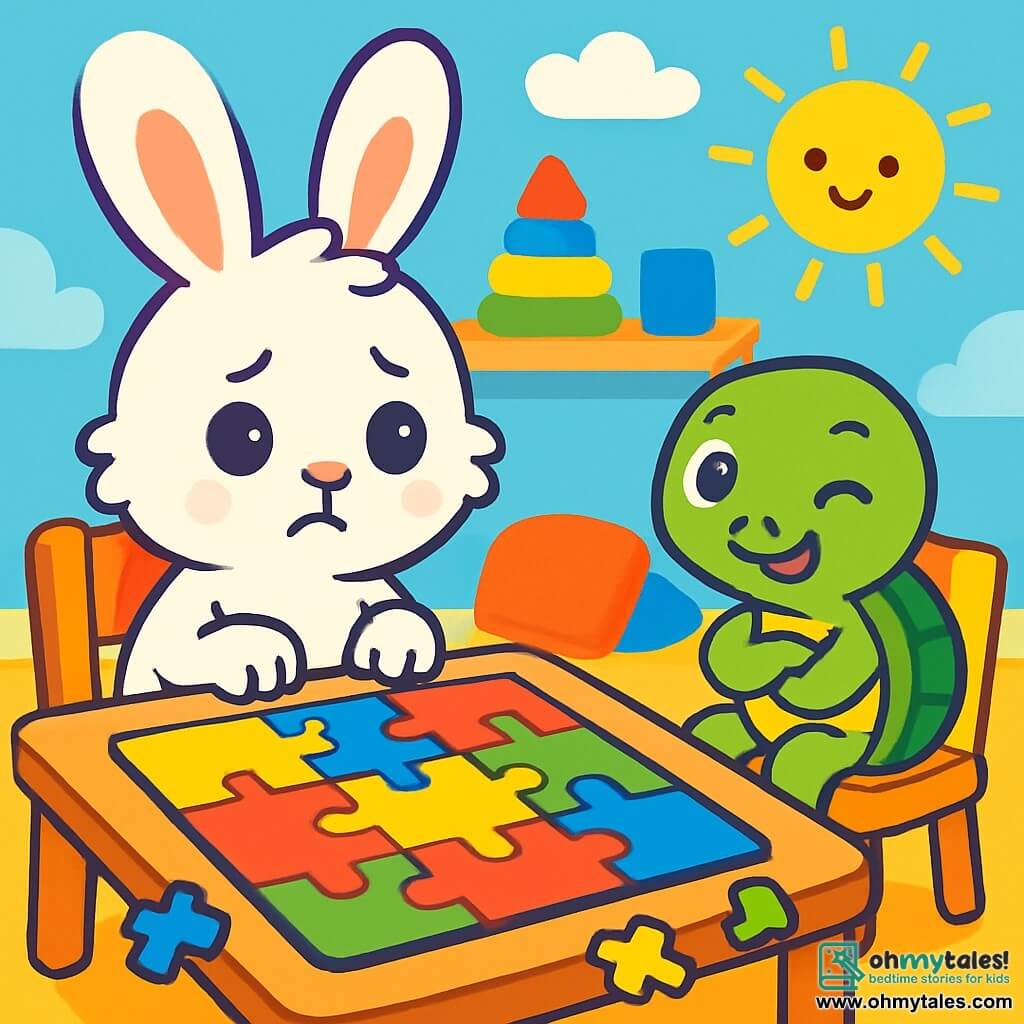 A small rabbit with big ears and soft, fluffy white fur is sitting at a wooden table. He has a worried look with round, shiny eyes, and his little paws tremble slightly as he gazes at a large, colorful puzzle spread out in front of him. Next to him, a smiling little turtle with a green shell and sparkling eyes encourages him with a wink. She is sitting on a chair with her legs crossed and appears confident. The setting is a lovely playroom filled with colorful toys, plush cushions, and sky-blue walls decorated with drawings of clouds and the sun. In this scene, the slightly scared rabbit is trying to gather his courage to start putting the puzzle together while the turtle encourages him with a warm smile.