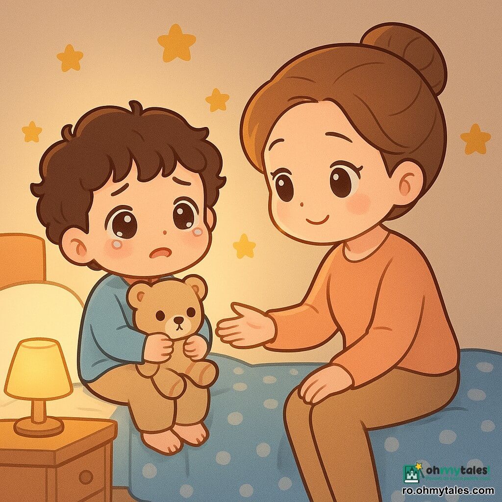 Un băiețel de 2 ani, speriat dar tandru, cu ochi mari umezi, obraji rotunzi și păr castaniu creț, ține strâns un ursuleț bej și stă pe marginea patului; mama, în jur de 30 de ani, cu expresie blândă și păr castaniu deschis prins în coc, întinde mâna spre el stând la dreapta lui; camera mică și caldă are pereți crem cu abțibilduri de stele galbene, pături albastre cu buline albe și o veioză care emite o lumină galbenă difuză ce creează umbre blânde; situația: copilul se teme de întuneric, mama aprinde veioza și îi arată că umbrele nu sunt amenințătoare, atmosferă intimă și liniștitoare.