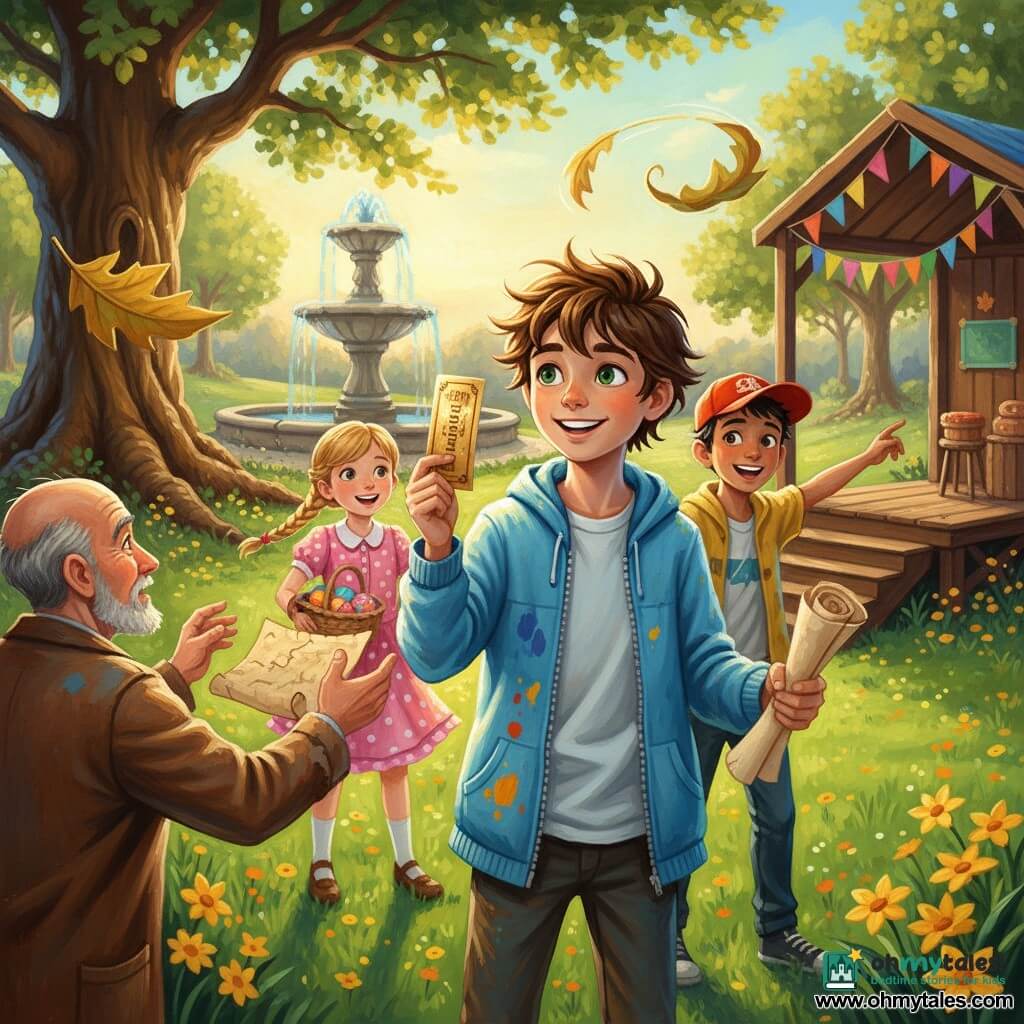 A smiling 12-year-old boy Max with messy brown hair and sparkling green eyes, wearing a sky-blue paint-stained jacket, holds a shiny golden ticket in his right hand and a rolled map in his left; behind him a roughly 11-year-old girl Lily with braided blonde hair in a pink polka-dot dress excitedly watches while holding a basket of colored eggs; to Max’s right a tan-skinned 12-year-old boy Ben in a red cap laughs and points at a large flying sheet; in the left foreground a curious old man of about 70 in a worn brown coat with a short gray beard gently catches the flying map; setting is a bright spring park with a stone fountain, a massive oak with visible roots, a green lawn dotted with yellow flowers and a small wooden stage decorated with bunting; scene is a sunny Easter festival with Max on the lawn before the stage brandishing his golden ticket and the map swirling toward the old man, laughing children and festive decorations in the background; style: vivid acrylic painting with visible brushstrokes, saturated colors, warm contrasts, thick textures and golden late-afternoon light.