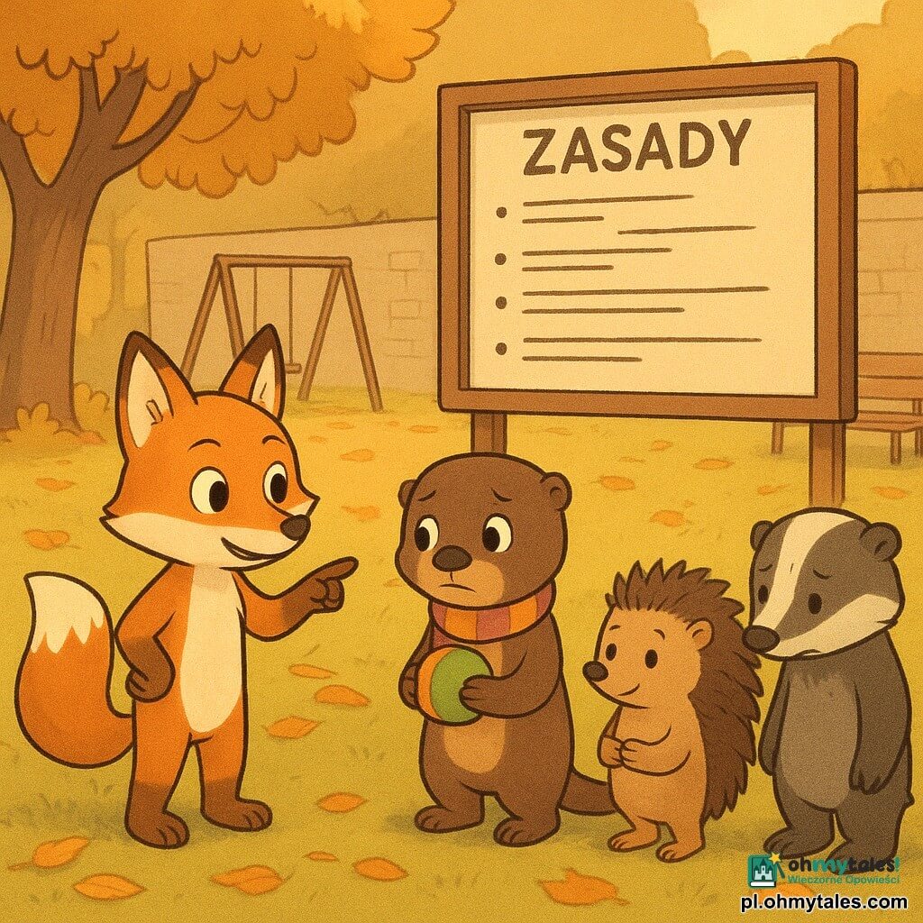 Lisek Rudy, mały rudy lis o orzechowych oczach i wyrazistej twarzy, z ufnością wskazuje na dużą tablicę z zasadami i zachęca nową do zabawy; Amina, nieśmiała ciemna wydra z kolorową opaską, trzyma piłeczkę i stoi obok Rudego gotowa do rzutu; dwa borsuki, jeden zawstydzony ze spuszczonym wzrokiem, drugi niezdecydowany, stoją nieco z tyłu przy ławce; jeżyk Julek z ciemnymi kolcami uśmiecha się i stoi przy Rudym gotów do współpracy; tło to jesienne, zalesione podwórko szkolne ze trawą i pomarańczowymi liśćmi, dużą tablicą zasad, huśtawką i drewnianą ławką; scena tworzy półkole wokół wydry, piłka na środku, ciepła atmosfera i miękkie kolory (pomarańcze, brązy, zielenie); pochodzenie: Rudy z «Rudego Zarośla», Amina niedawno przybyła z innego kraju, jeden borsuk z «Kamiennych Pagórków»; styl graficzny: zaokrąglone kontury, miękkie tekstury, delikatne kontrasty i złote popołudniowe światło.