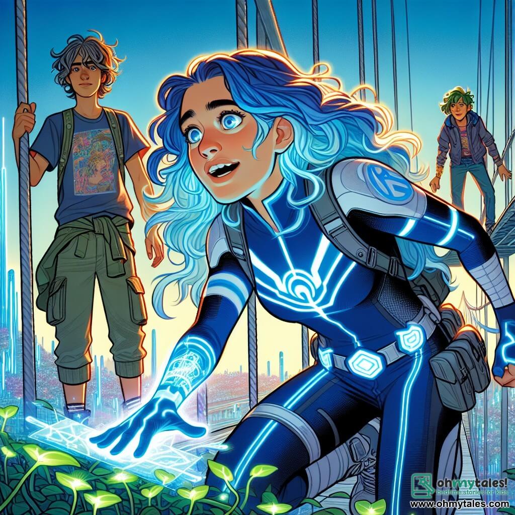 Nova Flux, a fifteen-year-old girl with electric blue hair, stands on the edge of a suspended bridge, her expression determined and her eyes sparkling with excitement. Her navy and silver superhero uniform glimmers in the morning light as she focuses her energy in her hands, ready to manipulate matter. Beside her, Kai, a sixteen-year-old boy with messy brown hair, leans forward, his eyes fixed on a holographic screen displaying data. He wears a graphic t-shirt and cargo pants, showing an intense concentration. Tessa, a fifteen-year-old girl with curly green hair, stands just behind them, surrounded by small luminous plants she is nurturing with an encouraging smile. The setting is the Skybridge, a futuristic bridge overlooking the city of Celestia, with sparkling towers and floating gardens in the background. The sky is a bright blue, dotted with fluffy white clouds. The main scene shows Nova and her friends in action, ready to confront an invisible threat looming over their city. The atmosphere is electrifying, filled with energy and camaraderie as they prepare to defend Celestia with courage and determination.