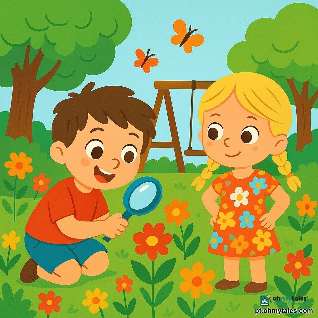 Um menino de 2 anos, Nico, com cabelos castanhos bagunçados e olhos brilhantes de curiosidade, está agachado no jardim, com um olhar determinado e um sorriso alegre no rosto. Ele usa uma camiseta vermelha e um short azul, segurando uma pequena lupa de plástico na mão. Ao lado dele, sua melhor amiga Sara, uma menina de 3 anos com cabelos loiros trançados e um vestido colorido de flores, observa atentamente ao redor, com as mãos nos quadris, pronta para ajudá-lo em sua investigação. O jardim está cheio de flores vibrantes, grandes árvores verdes e um pequeno caminho de cascalho, onde se pode ver borboletas voando. Ao fundo, um grande balanço de madeira balança suavemente ao vento. Nico e Sara estão em busca de seu precioso carrinho vermelho, procurando pistas nas flores e sob as folhas, com expressões de excitação e aventura em seus rostos.