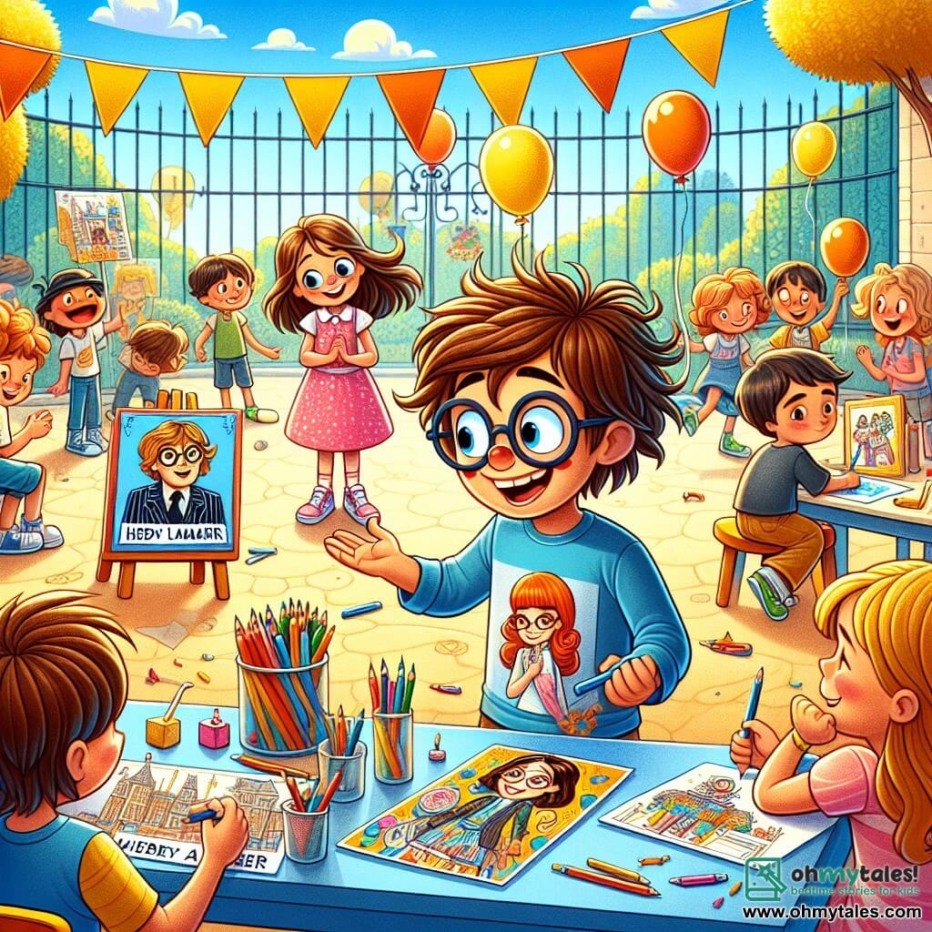A 9-year-old boy named Oliver stands in the center of the image, with messy brown hair and round glasses slipping slightly down his nose. He has a big smile on his face, full of enthusiasm, and is wearing a blue t-shirt with a robot design. Oliver is reaching out to a girl, Mia, who is to his right. Mia, a 9-year-old girl with long blonde hair, wears a pink polka-dot dress and white sneakers. She joyfully smiles while holding a colorful sign representing Hedy Lamarr, the inventor they studied. To their left, a boy named Jacob, also 9 years old with brown hair and glasses, sits on a table, drawing with colored pencils, a focused look on his face. The scene takes place in a lively schoolyard, surrounded by brightly painted walls, with children playing ball and golden-leaved trees in the background. Balloons float in the air, adding a festive touch to the atmosphere. The main situation shows Oliver and Mia presenting their project on Hedy Lamarr at a school event, surrounded by other children listening attentively, illustrating the spirit of inclusion and gender equality.