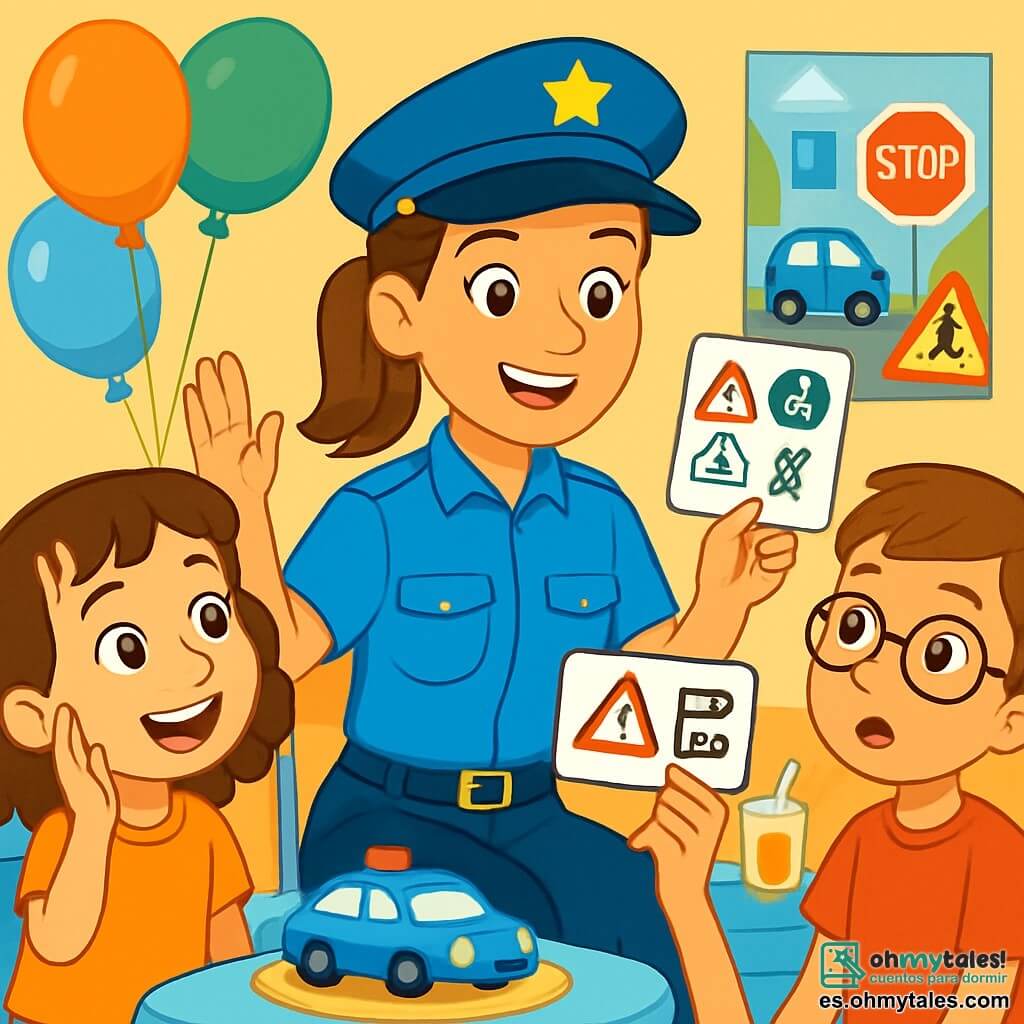 La policía Lucía, una mujer sonriente de unos 30 años, lleva un uniforme azul brillante y una gorra a juego. Sus ojos brillan de orgullo y bondad mientras explica a los niños la importancia de la seguridad. A su lado, Sofía, una niña de 8 años con cabello rizado y castaño, levanta la mano con entusiasmo, lista para hacer una pregunta. Pablo, un niño de 7 años con gafas y una camiseta roja, escucha atentamente, con los ojos abiertos de asombro. La escena se desarrolla en una comisaría decorada con globos coloridos y carteles sobre seguridad vial. Mesas llenas de pasteles en forma de sirena y bebidas. Lucía muestra un pequeño cartel con reglas de seguridad, mientras los niños se sientan en círculo a su alrededor, cautivados por su discurso. Lucía comparte historias divertidas y educativas sobre su trabajo, rodeada de risas y curiosidad, creando una atmósfera alegre y atractiva.