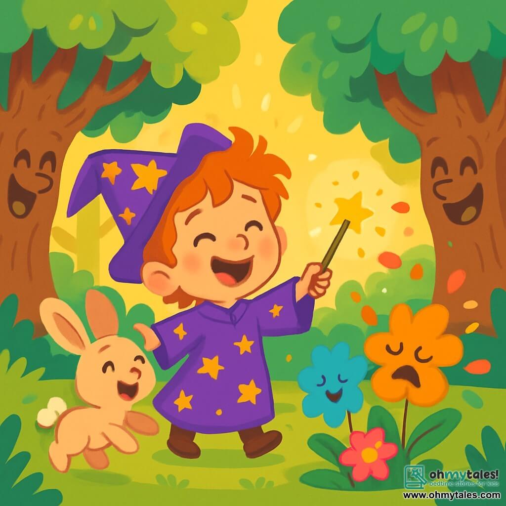 A young wizard apprentice named Wally, a boy with tousled hair and sparkling curious eyes, stands at the center of the scene. He wears a purple wizard robe adorned with golden stars, and his face radiates joy as he waves his wobbly magic wand. Beside him, Bella, an adorable rabbit with large ears and soft fur, hops happily, her eyes sparkling with mischief. The setting is a magical forest, with gnarled trees and shimmering leaves that seem to laugh, while colorful flowers dance around them, their petals vibrant. Sunlight filters through the branches, creating a golden halo around the characters. The main situation shows Wally trying to cast a spell to make the flowers sing, but instead, they start sneezing petals, causing a burst of laughter. The trees in the background begin to wiggle and laugh, adding to the joyful and enchanting atmosphere of the scene.