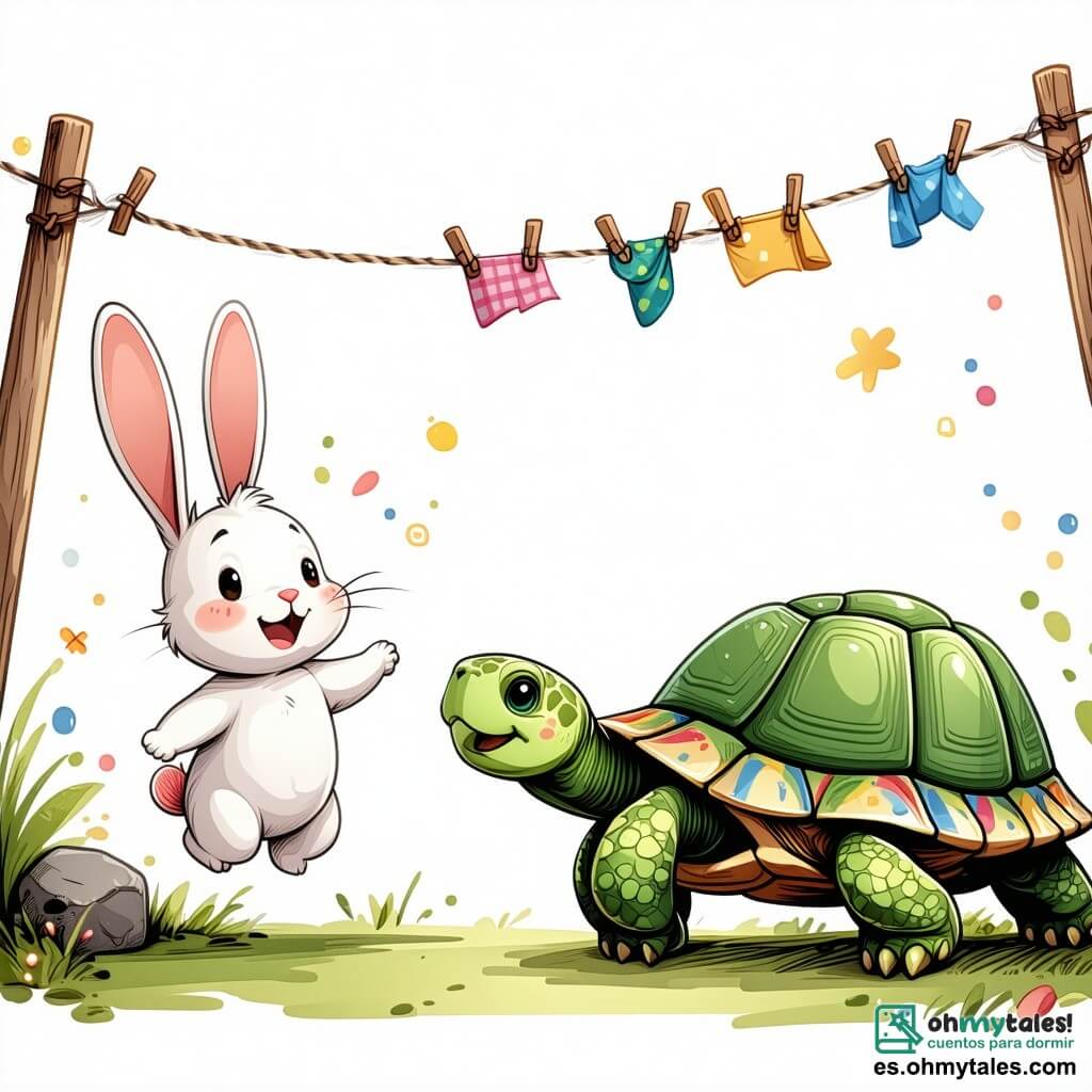 Un pequeño conejo blanco llamado Ramón, con grandes orejas y ojos chispeantes de curiosidad, se encuentra sobre un tendedero, intentando caminar de lado con una gran sonrisa en su rostro, mientras hace ruidos divertidos. A su lado, Clara, una tortuga sabia con un caparazón verde adornado con patrones coloridos, observa con una sonrisa alentadora, sus ojos brillando de diversión, mientras aplaude los esfuerzos de Ramón. Tito, un pájaro carpintero de plumas rojas y negras, vuela sobre ellos, riendo alegremente y sosteniendo un pequeño cartel que dice "¡Bravo, Ramón!". El escenario es un claro del bosque soleado, lleno de árboles con hojas vibrantes, flores coloridas y un cielo azul claro salpicado de nubes esponjosas. En el suelo, animales reunidos, todos sonriendo, miran el espectáculo con entusiasmo. La escena muestra a Ramón enfrentando el desafío de caminar sobre la cuerda, rodeado de sus amigos, en un ambiente de alegría y camaradería, ilustrando el tema de los desafíos imposibles con humor y creatividad.