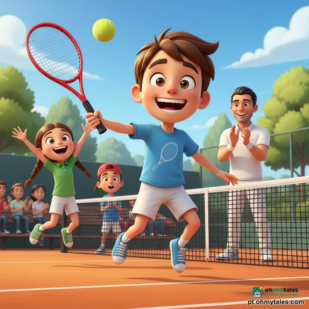 Um menino de 8 anos, feliz e orgulhoso, sorriso largo e olhos brilhantes, cabelo castanho curto e um pouco despenteado, camiseta azul-claro com desenho de raquete e short branco, salta para a frente e golpeia uma bola amarelo vivo com uma raquete vermelha; ao fundo à direita, um homem adulto (c. 35 anos) — o campeão Rafael — alto, sorridente, cabelo preto curto e roupa esportiva branca, aplaude perto da rede; à esquerda do menino, uma menina de 9 anos da equipe, cabelos em trança e polo verde, pula de alegria com os braços levantados; outro menino de 8 anos, companheiro de equipe, um pouco ofegante mas sorrindo, com boné vermelho virado para trás, aplaude perto do banco. Quadra de tênis ao ar livre do clube, piso de saibro laranja com linhas brancas, rede preta, plateia baixa de madeira com alguns pais, árvores verdes e céu azul com nuvens, luz quente de fim de tarde; cena do ponto decisivo com golpe espetacular no canto adversário, atmosfera festiva, movimentos dinâmicos, expressões de alegria e união, estilo infantil, cores saturadas e contornos nítidos em cel-shading.