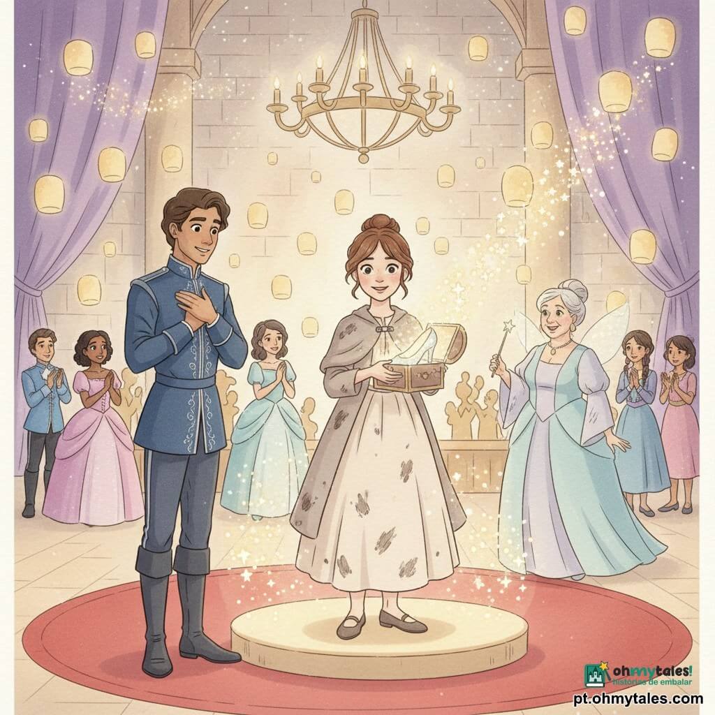 Cinderela, uma jovem sorridente e determinada com cabelo castanho preso em coque e vestido simples manchado de óleo, está ao centro segurando um pequeno baú aberto de onde emerge um sapato luminoso que projeta padrões de estrelas; o Príncipe, cerca de 22 anos, à esquerda em traje azul‑noite bordado, mão no peito, maravilhado; a fada madrinha, mulher de ~60 anos em vestido pastel com uma varinha, à direita, sorridente; duas meias‑irmãs adolescentes ao fundo em vestidos elegantes, surpresas; cena na grande sala do castelo com paredes de pedra clara, cortinas violeta, lanternas flutuantes, tapete vermelho circular e lustre antigo; Cinderela apresenta sua invenção num pequeno palco iluminado enquanto o sapato cria uma dança de luzes estreladas e convidados silhuetados aplaudem num ambiente festivo e mágico.