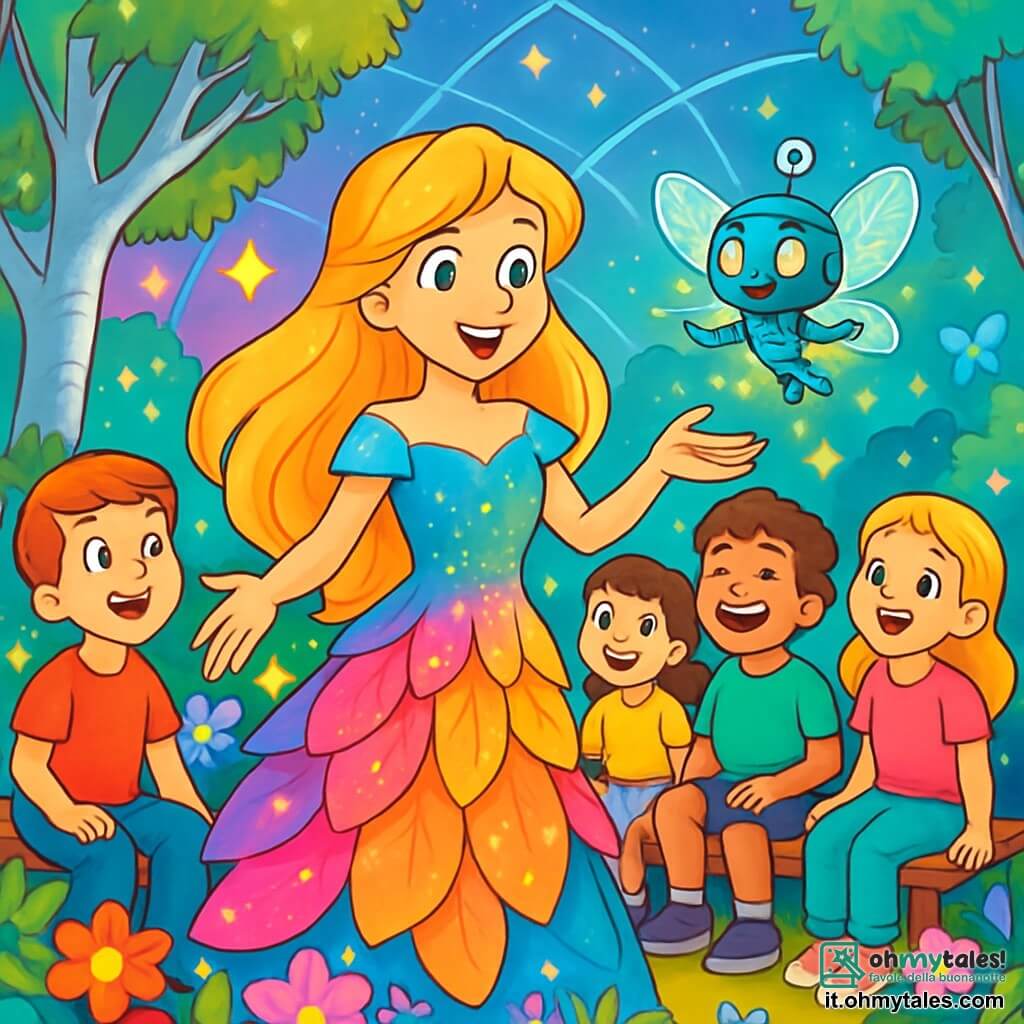 La Bella Addormentata nel Bosco, una giovane con lunghi capelli dorati e pelle luminosa, si trova al centro della scena, con gli occhi brillanti di meraviglia e un sorriso radioso. Indossa un abito scintillante di petali di fiori multicolori che danzano attorno a lei. Accanto a lei, Luminia, una piccola fata robotica con ali di circuito scintillanti, vola gioiosamente, illuminando l'aria con la sua dolce luce. Sullo sfondo, un gruppo di bambini di diverse età, tra i 6 e i 12 anni, si raduna attorno a loro, alcuni con espressioni curiose e altri ridendo di gioia, vestiti in abiti colorati e moderni, seduti su panchine di legno in un giardino lussureggiante. Il luogo è un giardino magico, pieno di fiori brillanti e piante luminescenti, con alberi dai tronchi argentati e foglie lucenti. Farfalle di luce svolazzano intorno ai bambini, mentre una grande cupola di vetro sopra di loro riflette i colori cangianti del cielo. La scena principale mostra la Bella Addormentata che, circondata dai suoi nuovi amici, condivide storie di sogni e amicizia, mentre la magia della loro connessione illumina il giardino, creando un'atmosfera di gioia e armonia.