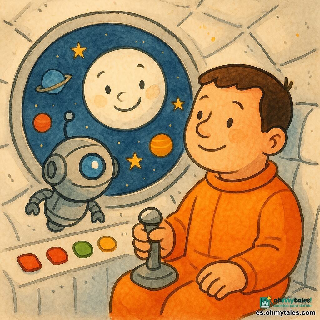 Juan, personaje principal adulto de rostro redondo y cabello corto castaño, sonríe y mira maravillado por un gran ventanal circular; sostiene un joystick plateado. Un pequeño robot metálico, redondo y amigable con un ojo azul luminoso, flota junto al asiento y agita una antena. La escena transcurre en el interior acolchado y blanco de una nave espacial con botones rojos, verdes y amarillos; fuera se ve una gran luna blanca con aspecto sonriente, estrellas y planetas azules, rojos y amarillos; ambiente cálido, tranquilo y acogedor.