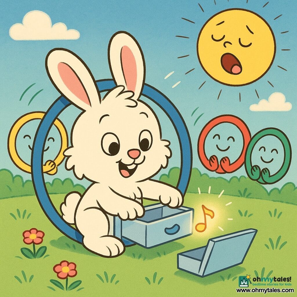 A fluffy white bunny with big pink ears, a heart-shaped pink nose and bright round eyes sits in a large blue hoop, gently pulling out a thin translucent drawer with curiosity and joy; colorful hoops (yellow, red, green) with smiling faces swing and softly clap around him, a gentle-faced yawning sun watches from the sky, and the open floating drawer on the grass releases a tiny glowing musical note as the soft green meadow with pink round flowers and swaying grasses completes the whimsical, colorful scene.