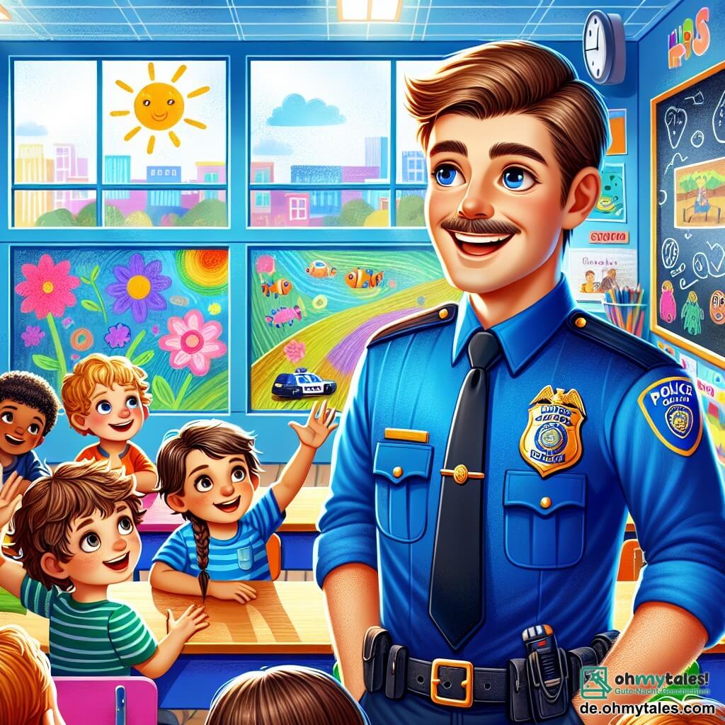 Ein Polizist namens Herr Müller, lächelnd und freundlich, trägt eine blaue Uniform mit einem glänzenden Abzeichen. Er hat braunes Haar und einen feinen Schnurrbart und spricht fröhlich mit einer Gruppe von Kindern. Unter den Kindern ist Tim, ein 8-jähriger Junge mit zerzausten blonden Haaren, der begeistert die Hand hebt. Neben ihm hört Lisa, ein 7-jähriges Mädchen mit geflochtenen braunen Haaren, aufmerksam zu, ihre Augen funkeln vor Neugier. Die Szene spielt in einem hellen Klassenzimmer mit Wänden, die mit Kinderzeichnungen dekoriert sind, und Fenstern, die Sonnenlicht hereinlassen. Bunte Tische sind in Reihen angeordnet, und eine Tafel ist mit Zeichnungen von Polizisten und Polizeiautos gefüllt. Herr Müller erklärt den Kindern die Bedeutung von Sicherheit und Regeln und erzählt lustige Geschichten aus seinem Beruf. Die Kinder sind gefesselt, lachen und stellen Fragen, was eine fröhliche und einladende Atmosphäre schafft.