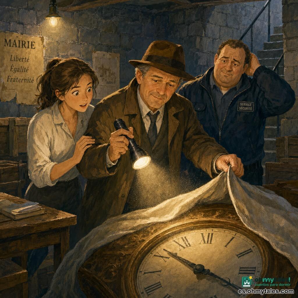 Un detective de unos cincuenta años, rostro con arrugas suaves, abrigo marrón y sombrero blando, expresión aliviada y concentrada, baja una linterna hacia un gran reloj antiguo medio cubierto por una sábana; a la izquierda, Mariana, unos 25 años, pelo castaño recogido, blusa clara algo arrugada, mirada sorprendida pero aliviada, sujeta la mano del detective o está justo detrás; a la derecha, un vigilante corpulento de unos 45 años con chaqueta oscura y rostro avergonzado pero aliviado, junto a las escaleras que bajan al sótano; el sótano del ayuntamiento tiene paredes de piedra gris, suelo de losas polvorientas, cajas de madera apiladas, una vieja mesa y carteles amarillentos, la luz cálida de la linterna levanta polvo y descubre el reloj medio descubierto, atmósfera de alivio y revelación; estilo: gouache con colores cálidos, texturas visibles y pinceladas suaves, atmósfera clara y reconfortante.