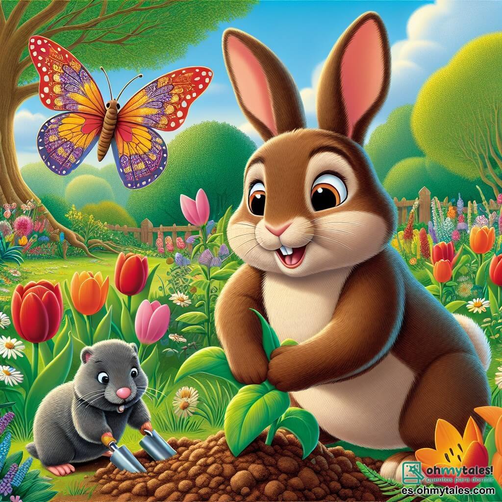 Un pequeño conejo llamado Bruno, con un pelaje suave y marrón, grandes orejas erectas y ojos brillantes de alegría, está plantando semillas en un jardín colorido, sonriendo con entusiasmo. A su lado, una mariposa llamada Lila, con alas multicolores y translúcidas, vuela en círculos, expresando su alegría riendo y animando a Bruno. Un pequeño topo llamado Tito, con un pelaje gris y patas robustas, está ocupado cavando la tierra, mostrando una expresión concentrada y decidida. El jardín es un verdadero cuadro de primavera, lleno de flores brillantes de todos los colores: tulipanes rojos, margaritas blancas y girasoles dorados, rodeado de exuberante vegetación y majestuosos árboles. La escena principal muestra a Bruno, Lila y Tito trabajando juntos con entusiasmo para preparar el jardín, creando un espacio mágico donde la naturaleza despierta y la amistad florece.