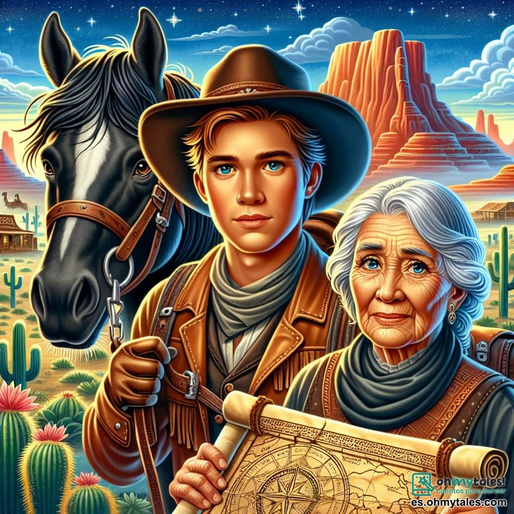 Un joven, Tomás Tucker, de rostro bronceado y cabello castaño, lleva un sombrero de vaquero desgastado y un chaleco de cuero. Tiene una mirada decidida y curiosa, mientras sostiene firmemente las riendas de su caballo, Trueno, un hermoso caballo negro de crines brillantes. A su lado, Doña Rosa, una mujer mayor con cabello plateado y ojos que brillan de sabiduría, le entrega un viejo rollo de mapa, su rostro surcado por arrugas que cuentan muchas historias. El fondo es un paisaje desértico, con colinas de arena roja y cactus dispersos bajo un cielo azul brillante. A lo lejos, una montaña misteriosa se alza, envuelta en bruma, evocando antiguas leyendas. La escena muestra a Tomás, listo para emprender un camino de aventura, con una expresión que mezcla emoción y aprensión, mientras se encuentra en la encrucijada de tres caminos, cada uno prometiendo una aventura diferente.