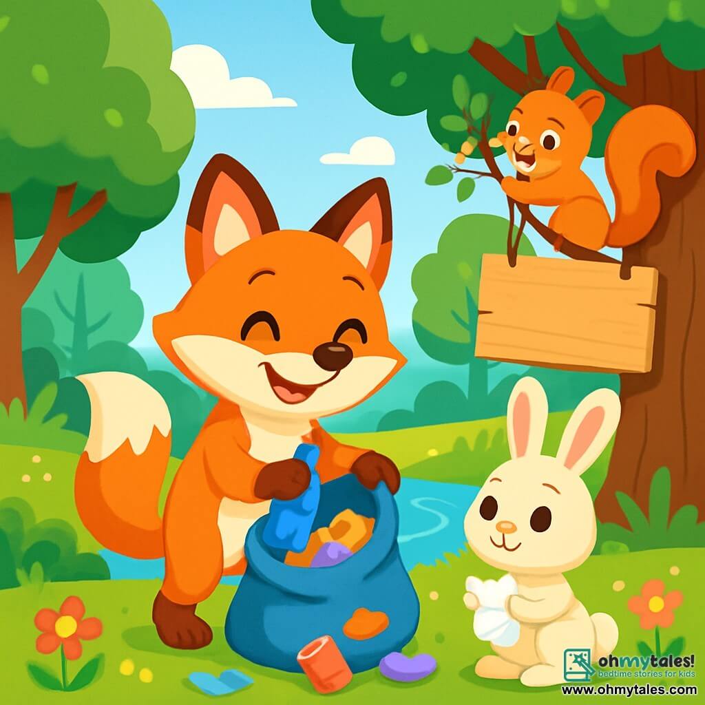 A little fox named Felix, with bright orange fur and sparkling eyes full of joy, stands at the center of the scene, smiling widely while picking up colorful trash near a sparkling river. Next to him, a small rabbit named Benny, with long ears and silky white fur, looks at Felix with admiration, holding a piece of paper in his front paws. A squirrel named Clara, with a bushy tail and mischievous eyes, climbs a nearby tree, holding a branch decorated with leaves and flowers, ready to hang a sign. In the background, a lush forest with majestic green trees, vibrant flowers, and a clear blue sky brightens the scene. The main situation shows Felix and his friends cleaning their forest, surrounded by laughter and colors, with a large wooden sign that says "Let's keep our forest clean!" hanging on a tree.
