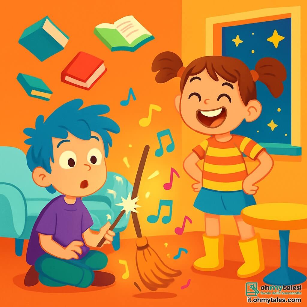 Ci sono 2 personaggi principali: Lillo, un ragazzo di 10 anni con i capelli blu disordinati, che indossa una tunica viola e pantaloni verdi, seduto sul pavimento con gli occhi spalancati di sorpresa e una bacchetta magica scintillante in mano; e Pina, una ragazza di 9 anni con i capelli castani raccolti in due trecce, che indossa una maglietta a righe e stivali gialli brillanti, in piedi accanto a Lillo, ridendo a crepapelle con le mani sui fianchi. L'ambiente è un soggiorno colorato e strano, con pareti arancioni vivaci e mobili dalle forme bizzarre: un divano a forma di nuvola e un tavolo rotondo che sembra fluttuare. Libri volanti girano intorno a loro e una grande finestra mostra un cielo stellato con stelle danzanti. La scena principale mostra Lillo e Pina che scoprono una scopa che danza gioiosamente al centro della stanza, con note musicali colorate che fluttuano nell'aria. Lillo è sorpreso, mentre Pina ride, creando un'atmosfera gioiosa e magica.