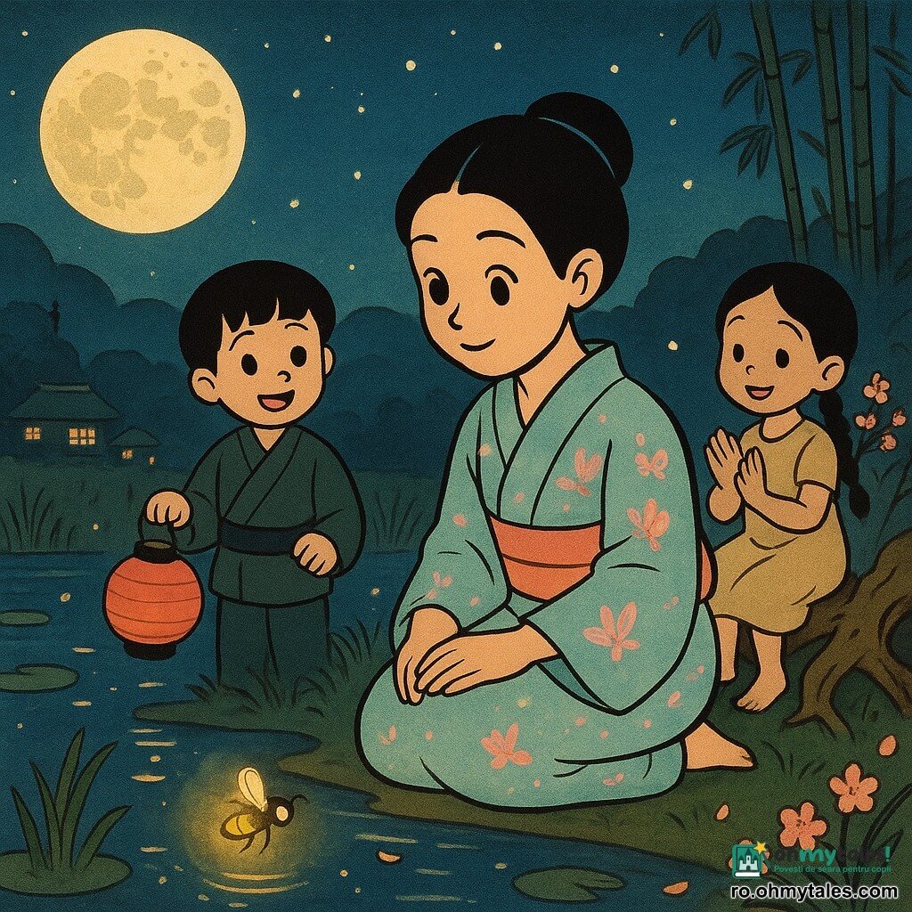 Hanako, o femeie de circa 30 de ani, este îngenuncheată la marginea unei mlaștini luminate de lună, cu față blândă, păr negru prins într-un coc și un kimono pastel brodat cu fluturi, exprimând seninătate și hotărâre; în prim‑plan, un licurici singular masculin emite o lumină aurie timidă și plutește deasupra apei privind către Hanako; în spatele ei, un băiat de ~8 ani cu păr drept negru ține o lanternă mică de hârtie roșie, iar o fetiță de ~6 ani cu părul împletit, într-o rochie simplă, stă pe o rădăcină de salcie ținând o ramură înflorită de cireș și aplaudă ușor; mlaștina sub o lună plină reflectă stele și lanterne, cu stuf, nuferi, valuri sclipitoare și petale căzătoare; în fundal se văd dealuri întunecate, siluete de bambus și case din lemn cu acoperișuri de țiglă și ferestre luminate; paleta: albastru de noapte, aurii ale licuricilor, roz pal al florilor și verde intens; compoziția: vedere semi‑apropiată, Hanako centru‑jos, licurici luminos în prim‑plan dreapta, copii ușor în spate stânga, mlaștina și luna în jumătatea superioară; atmosferă magică și liniștită, detalii texturate simple, tușe rotunjite și expresive în stilul cartoon retro „rubber hose”.