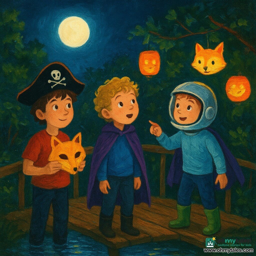 There are three main characters: A boy named Liam, about 10 years old, with tousled brown hair and a black pirate hat, stands on the left, holding a golden fox mask in his hands. A boy named Jay, also 10 years old, with curly blond hair and a purple wizard cape, is in the center, gazing in wonder at the paper lanterns hanging from the bushes. A boy named Oliver, 9 years old, wearing a silver astronaut helmet and rain boots, is on the right, pointing at a fox-shaped lantern. The setting is a small wooden bridge over a shimmering stream, surrounded by bushes decorated with paper lanterns depicting various animals. The scene is bathed in the soft, silvery light of the moon, which reflects on the water like a liquid mirror. The main situation shows the three boys discovering the paper lanterns hanging from the bushes. They are amazed by the gentle glow of the lanterns, and the fox mask in Liam's hands glows slightly under the moonlight. The atmosphere is magical and full of mystery, with dancing shadows created by the lanterns and the moonlight.