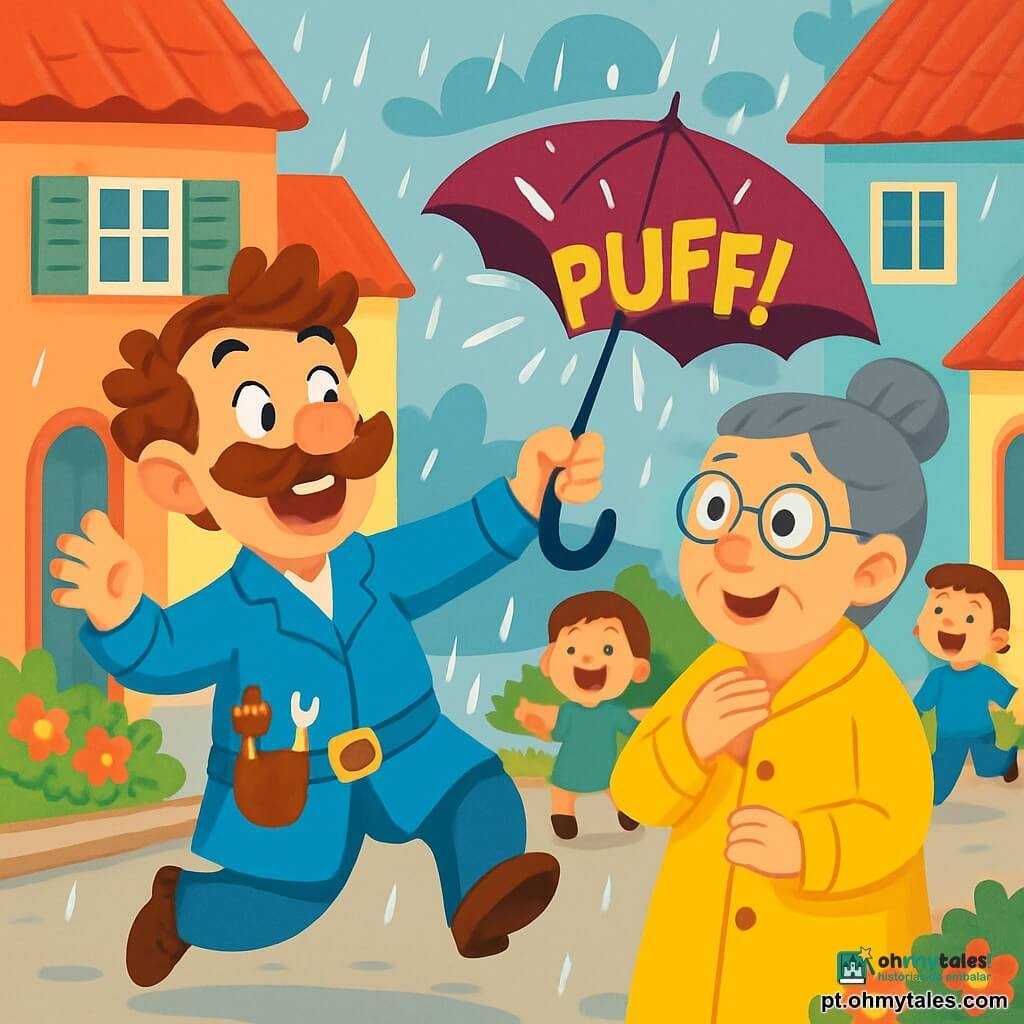 Um homem alegre, o Sr. Pipoca, com um grande sorriso e um bigode espesso que dança, está segurando um guarda-chuva mágico que se abre sozinho. Ele veste um jaleco azul de inventor, com ferramentas presas ao cinto, e seus olhos brilham de excitação. Ao lado dele, a Sra. Florinda, uma mulher de cinquenta anos com cabelos grisalhos presos em um coque e óculos redondos, sorri maravilhada segurando seu novo guarda-chuva sob a chuva. Ela usa um casaco amarelo vivo que contrasta com o céu cinza. A cena ocorre em uma pequena rua da cidade de Luzinha, com casas coloridas, flores nos jardins e gotas de chuva brilhantes no pavimento. Ao fundo, crianças riem e se aproximam, ansiosas para ver a invenção do Sr. Pipoca, que demonstra seu guarda-chuva mágico, que se abre com um "puff" ao tocar a chuva, enquanto a Sra. Florinda e as crianças o observam com olhos arregalados de alegria e admiração.