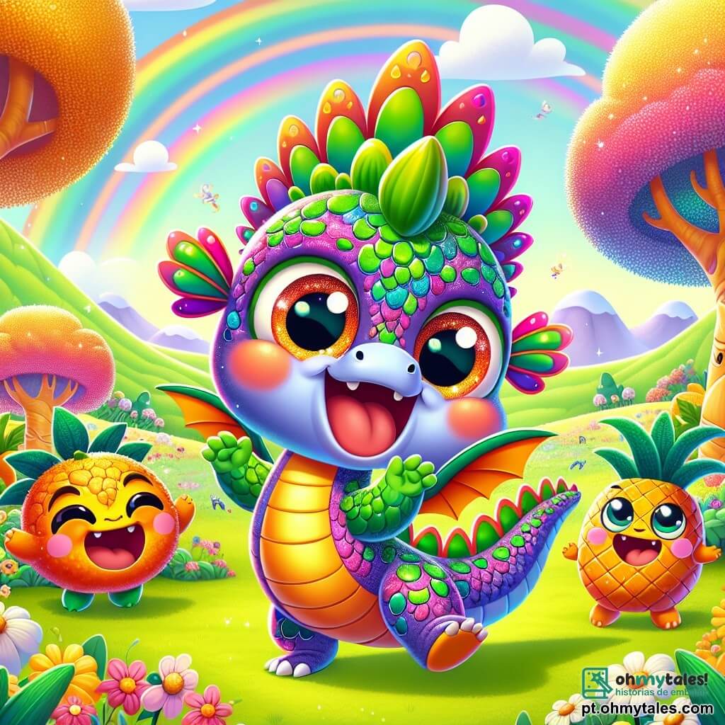 Um dragão colorido chamado Pipo, com escamas brilhantes em tons de arco-íris e grandes olhos cintilantes, está no centro da imagem, rindo alto enquanto tenta voar em círculos, com uma expressão alegre e despreocupada. Ao seu lado, uma trepadeira laranja chamada Lili, uma pequena laranja sorridente com braços e pernas, salta de alegria, seus olhos brilhando de travessura, enquanto um abacaxi chamado Pipo, com uma coroa de folhas verdes e um rosto amigável, faz uma careta engraçada, ficando um pouco afastado e rindo da situação. O cenário se passa no Vale das Frutas Falantes, um lugar mágico cheio de árvores de troncos coloridos, flores vibrantes e frutas animadas que parecem dançar ao som da música. Colinas suaves e rios cintilantes serpenteiam pela paisagem, criando uma atmosfera alegre e vibrante. A situação principal mostra Pipo, o dragão, que ao tentar voar graciosamente, acaba girando em círculos e causando um pequeno desastre cômico, enquanto as frutas ao seu redor explodem em risadas, criando um clima de festa e camaradagem.