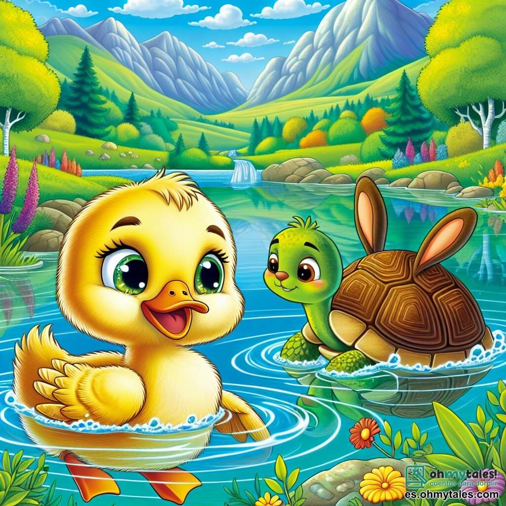 Un pequeño pato llamado Pipo, con plumas amarillas brillantes y ojos llenos de curiosidad, nada alegremente en un lago cristalino, su rostro expresando entusiasmo y preocupación. Junto a él, un pequeño conejo llamado Roberto, con pelaje marrón y orejas largas, observa al pato con una expresión preocupada, mientras que una tortuga llamada Tula, con caparazón verde y ojos sabios, emerge lentamente del agua, lista para ayudar a sus amigos. El decorado es un hermoso valle rodeado de montañas verdes, con flores coloridas y árboles majestuosos que se reflejan en el lago brillante. La escena muestra a Pipo y sus amigos discutiendo la preocupante situación del agua del lago, ilustrando su determinación de encontrar una solución juntos.