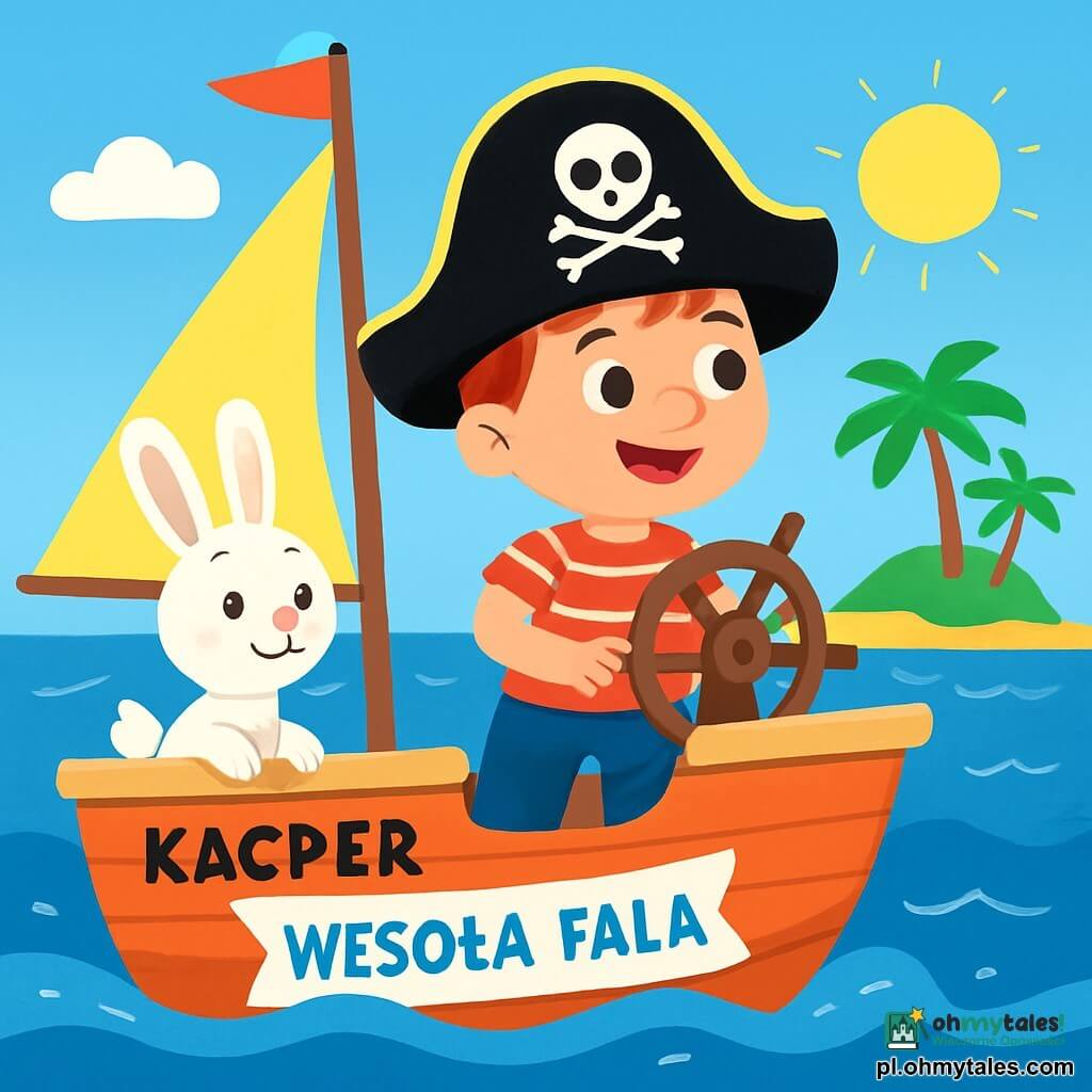 Młody pirat o imieniu Kacper, chłopiec w wieku około 8 lat, stoi na pokładzie swojej małej łodzi "Wesoła Fala". Ma na sobie duży czarny kapelusz ozdobiony czaszką, czerwono-białą koszulę w paski i materiałowe spodnie. Jego twarz rozjaśnia szeroki uśmiech, a oczy błyszczą z ekscytacji, gdy patrzy na wyspę w oddali. Obok niego stoi mały biały królik, postać drugoplanowa, na krawędzi łodzi. Królik z dużymi uszami i jedwabistym futrem wygląda na ciekawskiego i radosnego, gotowego do odkrywania nowej wyspy. Miejsce to żywy niebieski ocean, usiany migoczącymi falami pod słońcem. Na horyzoncie pojawia się zielona wyspa z palmami i błyszczącą złotą plażą. Główna sytuacja pokazuje Kacpra i królika, którzy z zachwytem patrzą na wyspę, nie mogąc się doczekać odkrycia skarbów i pysznych owoców, które na nich czekają.