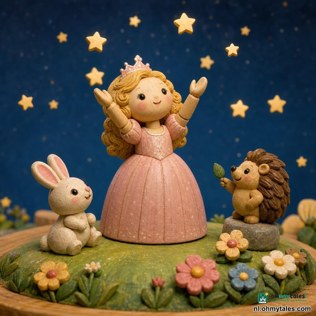 Kleine prinses van ongeveer 6 jaar, rond gezicht, blond krullend haar en lichtroze glitterjurk, glimlachend en verwonderd met beide handen omhoog om kleine lichtgevende sterren op te vangen; links een wit knuffelkonijn Flappie met roze oren zittend op zijn achterpoten en nieuwsgierig blij kijkend; rechts een kleiner oud bruin knuffelstekelvarken op een klein steentje, ondeugend wijzend met een blad; bovenop een groen geschilderde houten grasheuvel met kleurrijke houten bloemen en een diepblauwe lucht met gouden houten sterren die zacht naar beneden vallen — rustige magische scène, warm zacht licht, gecentreerde diorama-compositie op een tafel.