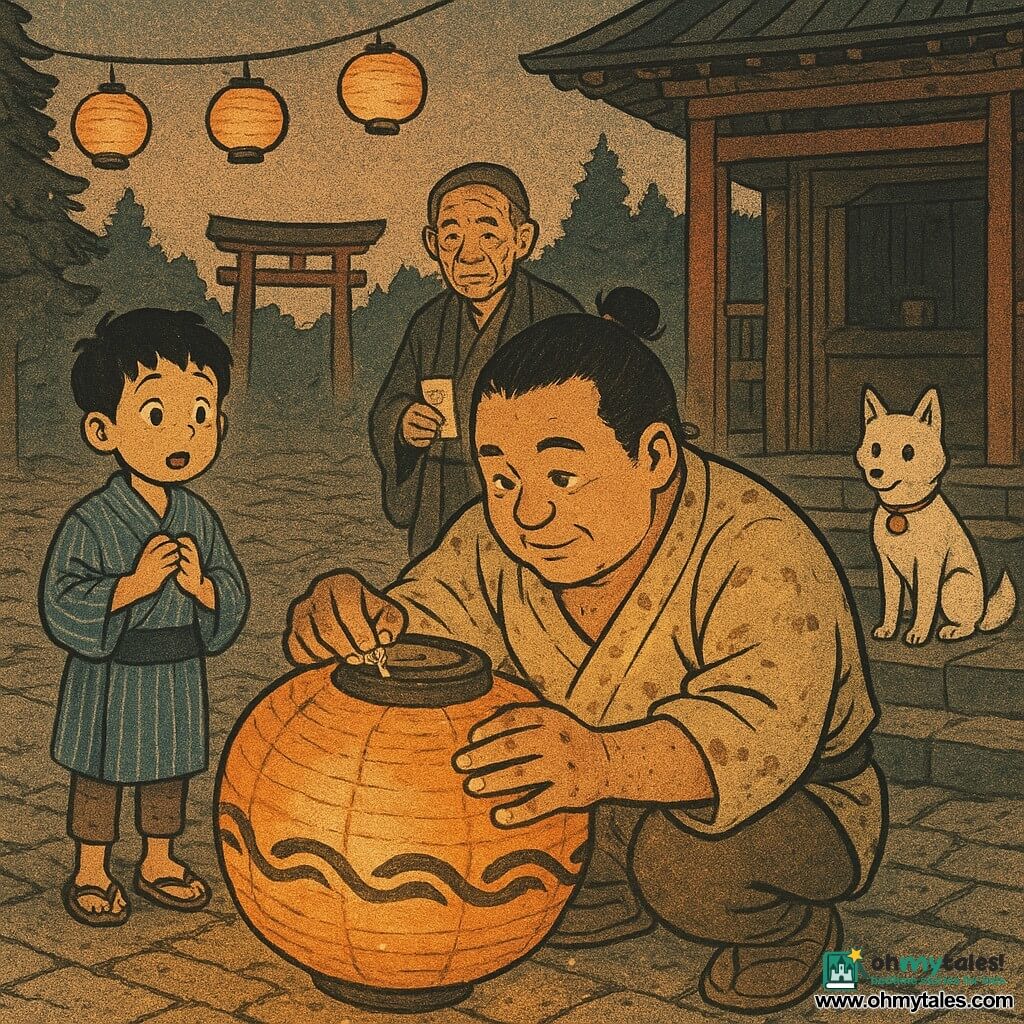 A messenger named Renji, about 35, round warm face, black hair in a small bun, in simple beige cotton clothes stained with rice paste, is squatting and focused, gluing tissue paper onto a large persimmon paper lantern with sticky hands and a resolved, gentle expression; to his left a local boy of about 8 in a blue striped kimono watches in wonder with hands clasped to his chest, standing on the square's stone slabs; an elderly shrine keeper of about 70 with wrinkled, dried-kaki-like skin in a dark haori holds a sealed letter at the recessed shrine entrance, watching gratefully; a small white fox with bright black eyes and a thin golden bell at its neck sits on the shrine steps to the right, observing as if waiting for a sign; the setting is a Japanese village square at dusk—irregular paving stones, a red torii and small cedars, hanging lanterns—and at the center the large persimmon paper lantern repaired with black ink wave decorations is just regaining life, its flame creating a warm amber halo through the paper, soft shadows on faces, glue droplets on Renji's fingers and evening gold dust drifting in the air.