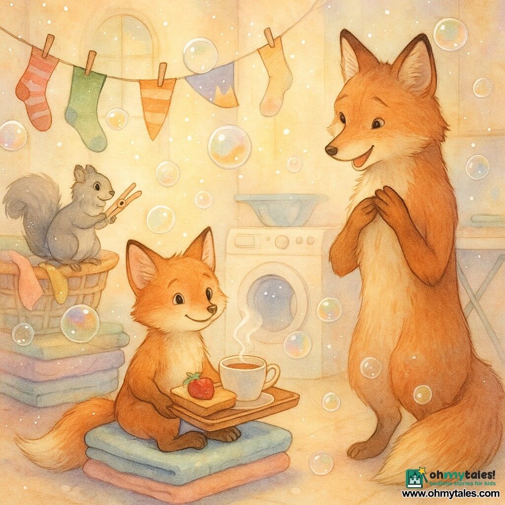 A young red fox with hazel eyes, joyful and slightly shy, sits on a folded-towel cushion holding a tray with steaming tea and a toast topped with a strawberry; an adult vixen (the mother) with slightly darker fawn fur stands nearby with a tender, amazed smile and hands to her chest; a small fluffy gray squirrel with a mischievous air perches on a laundry basket holding a clothespin; a domestic laundry room transformed into a bright "kingdom"—with stacks of colorful towels, socks hung like bunting, rainbow-reflecting soap bubbles, an ironing board as a stage, and a large sheet banner reading HAPPY MOTHER’S DAY in berry juice—bathed in soft light; the scene is an intimate, improvised Mother's Day celebration, warm and magical, centered composition in pastel watercolor tones with white gel-pen highlights for light and bubbles.