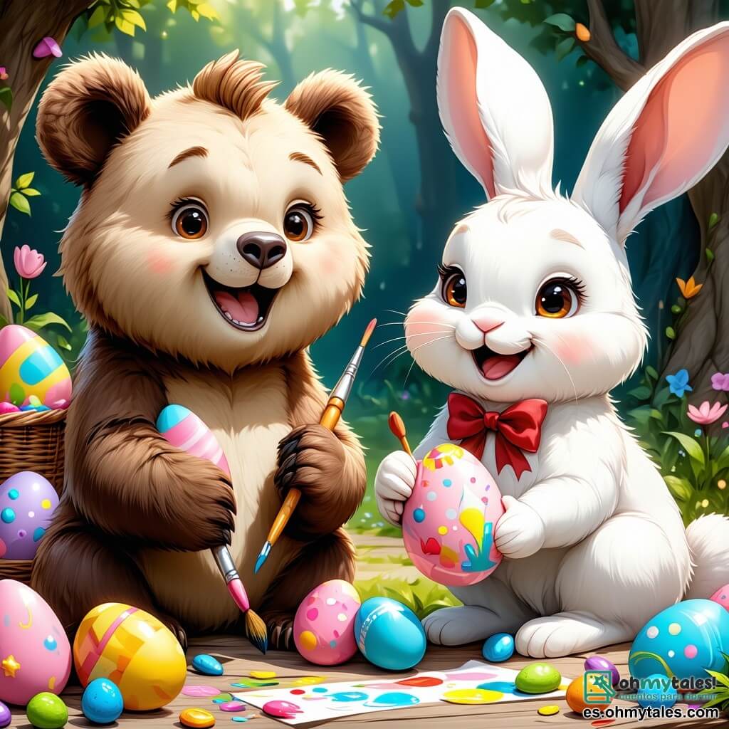 Un oso alegre llamado Toto, con pelaje marrón y ojos brillantes, está pintando huevos de Pascua con pinceles coloridos. Sonríe ampliamente, sus mejillas rosadas delatan su emoción. A su lado, un adorable conejo blanco, el Conejo de Pascua, con grandes orejas y un moño rojo, observa a Toto con una sonrisa benevolente. Sostiene un huevo pintado en sus patas delanteras, mostrando su orgullo. La escena se desarrolla en un jardín soleado, lleno de flores coloridas y árboles verdes. Rayos de sol filtran a través de las hojas, creando un ambiente alegre y festivo. Toto y el Conejo de Pascua están preparando la fiesta de Pascua, rodeados de numerosos huevos pintados, listos para ser escondidos para que los niños los encuentren.