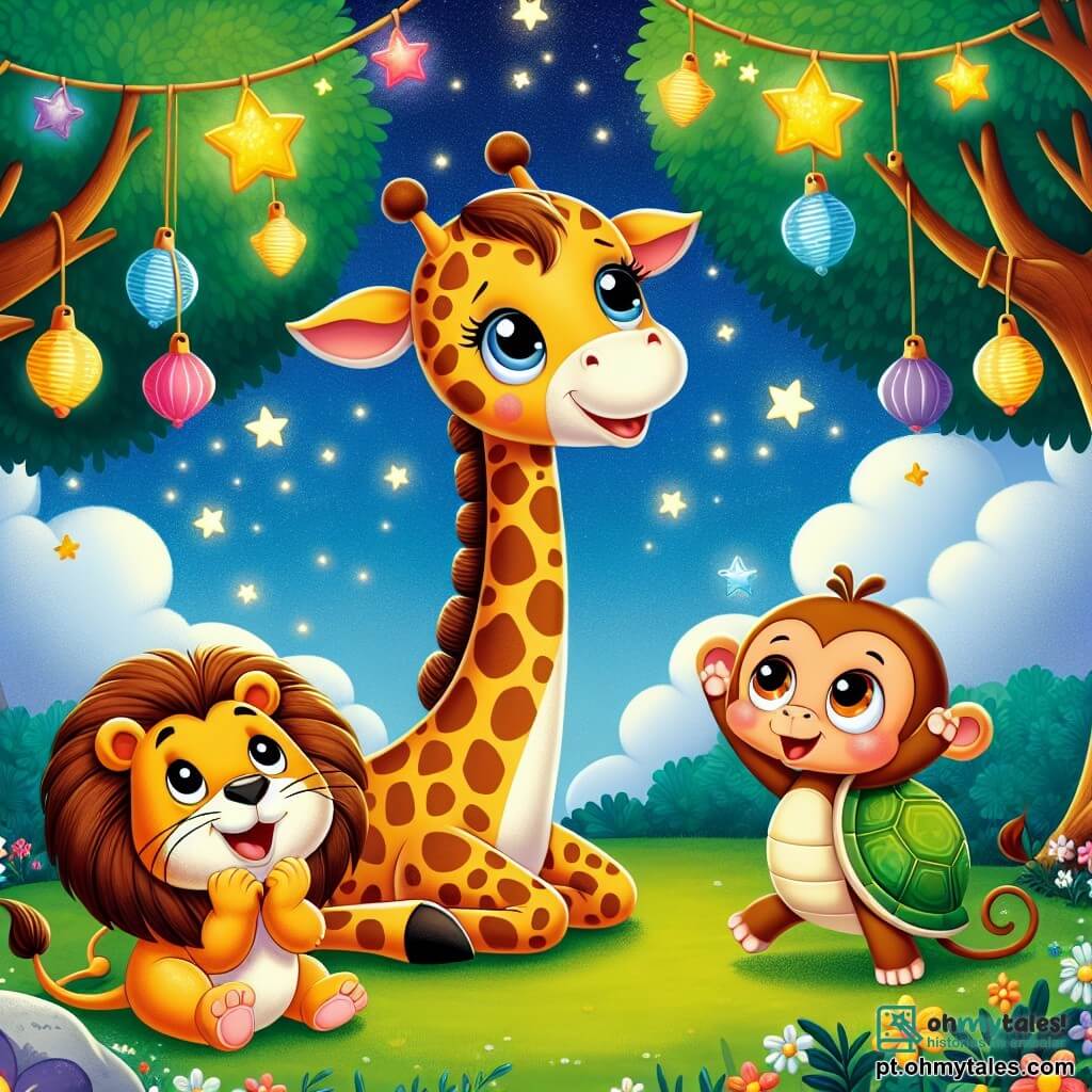 Uma girafa chamada Gigi, com um longo pescoço manchado e olhos brilhantes de bondade, está no centro da cena, olhando para o céu estrelado com um grande sorriso, cheia de entusiasmo. Ao seu lado, um leão chamado Léo, com uma juba dourada e um olhar curioso, dança alegremente na grama verde, enquanto um pequeno macaco chamado Mico, com pelos marrons e olhos brilhantes, pendura lanternas coloridas nos galhos das árvores. Uma tartaruga chamada Tati, com uma carapaça verde e óculos redondos, senta-se em uma pedra, sorrindo e aplaudindo. A cena acontece em uma clareira encantada, cercada por árvores majestosas, sob um céu noturno cheio de estrelas cintilantes que parecem ganhar vida com a festa. Gigi e seus amigos organizam uma festa mágica para celebrar as estrelas, com frutas coloridas e flores vibrantes, criando uma atmosfera alegre e iluminada.