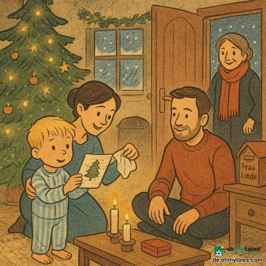Ein vierjähriger Junge mit kurzen blonden Haaren und geröteten Wangen steht staunend am geschmückten Weihnachtsbaum und hält behutsam eine leicht feuchte, glänzende Weihnachtskarte; rechts kniet die Mutter (ca. 30–35, braune zusammengebundene Haare, warmes Lächeln) und trocknet die Karte mit einem Tuch, vor dem Baum sitzt der Vater (ca. 30–35, leichter Bart, roter Pullover) mit freundlichem Blick und Hand auf dem Knie, in der Tür steht die Nachbarin Frau Linde (60–70, lange rote Schal, dunkler Wintermantel) mit der Türschnalle in der Hand und leicht verschneiter Silhouette draußen; innen ein gemütliches Wohnzimmer mit beleuchtetem grünen Baum, Kerzen auf dem Couchtisch, dicker beiger Teppich, Girlanden und einer kleinen roten Holzscheinkasten auf einer Kommode, gefrostetem Fenster mit Schneeflocken — intime, warme Szene: die Familie lächelt, die Nachbarin hat die Karte aus der Kälte hereingebracht, goldenes Kerzenlicht kontrastiert mit dem blauen Schnee draußen.