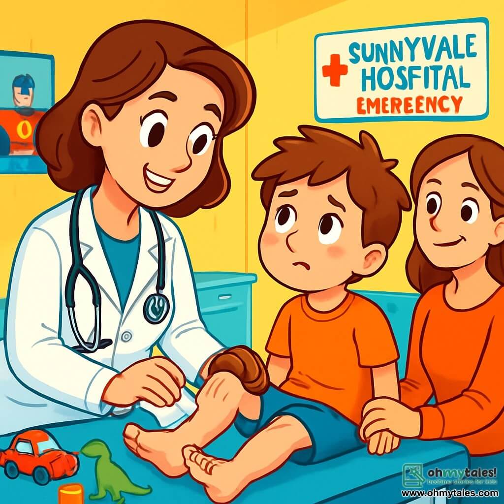 Dr. Emily, a smiling woman in her thirties, wears a bright white coat and a shiny stethoscope around her neck. Her eyes sparkle with compassion as she examines a young boy named Max, about 8 years old. Max, with messy brown hair and a worried face, looks at Dr. Emily with hope while holding his mother's hand. The scene takes place in a bright and welcoming emergency room at Sunnyvale Hospital, with colorful walls, superhero posters, and scattered toys on a table. In the background, a window lets in sunlight, warming the room. Dr. Emily is gently cleaning Max's injured foot while speaking to him in a soothing voice. Max, sitting on an examination table, appears both nervous and relieved, while his mother, a woman in her forties with brown hair, watches the scene with a grateful smile.