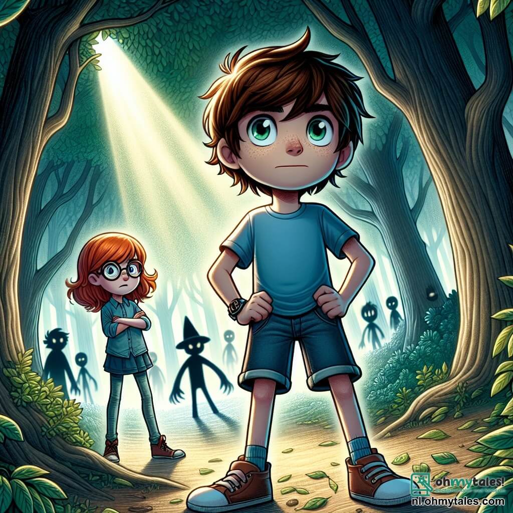 Een 9-jarig jongetje, Lucas, staat in het midden van de afbeelding, met rommelig bruin haar en nieuwsgierige ogen. Hij draagt een blauwe t-shirt en een spijkerbroek, zijn uitdrukking is zowel moedig als een beetje bang terwijl hij naar een mysterieuze schaduw in het bos kijkt. Naast hem staat zijn beste vriendin Emma, een 9-jarig meisje met rood haar en ronde brillen, die de scène met een vastberaden blik observeert, met haar armen gekruist en haar ogen op de schaduw gericht. De locatie is een dicht bos, met dikke boomstammen en groene bladeren die zilveren maanstralen doorlaten, wat een zowel magische als onheilspellende sfeer creëert. Schaduwen dansen om hen heen en de grond is bedekt met dode bladeren die kraken onder hun voeten. De belangrijkste situatie toont Lucas en Emma tegenover een mysterieuze schaduw, een vage en veranderende vorm die hen lijkt te observeren. De spanning is voelbaar en de lucht is doordrenkt met een sfeer van mysterie en avontuur terwijl ze zich voorbereiden om het geheim van deze verschijning te ontdekken.