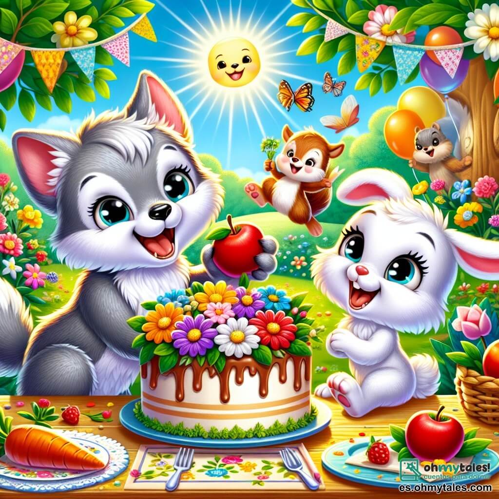 Ilustración que representa a un pequeño lobo gris con un pelaje suave y ojos brillantes, mostrando una expresión de alegría y emoción. Está decorando una gran mesa de madera con flores coloridas y un delicioso pastel de manzana, sonriendo ampliamente. A su lado, un pequeño conejo blanco con orejas largas y ojos chispeantes, mostrando una expresión de felicidad, sostiene una zanahoria fresca y ayuda a colocar las flores en la mesa. Un poco más lejos, una pequeña ardilla roja con una cola esponjosa y ojos traviesos, sonriendo con entusiasmo, trae frutas para decorar el pastel. El lugar principal es un jardín soleado, lleno de flores brillantes y árboles verdes, con una suave brisa que hace bailar las hojas. La mesa está bellamente dispuesta, adornada con manteles coloridos y vajilla alegre. La situación principal muestra al pequeño lobo y sus amigos preparando una sorpresa para el Día de la Madre, llenos de energía y creatividad, listos para celebrar con amor y amistad. Otros elementos gráficos incluyen globos de colores flotando en el aire, rayos de sol filtrándose a través de los árboles y un fondo alegre que evoca una atmósfera festiva y cálida.