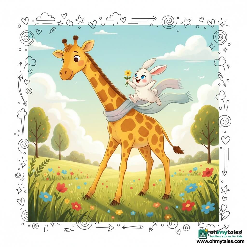 A large yellow-orange giraffe with light brown spots, round gentle eyes and a joyful expression bends its long neck so another character can climb on its back, wearing a pastel scarf blowing in the wind and smiling calmly; a small fluffy white rabbit with long pink ears, wide sparkling eyes and an amazed expression jumps laughing onto the giraffe’s back with legs in the air holding a small yellow wildflower; the sunny meadow setting has tall green grass, red, blue and yellow flowers, a few round-leaved trees and a blue sky with fluffy clouds, bathed in warm late-afternoon light with long shadows and golden tones, centered illustrative composition with soft outlines, bright colors, light textures on fur and flowers and small doodle overlays (hearts, stars, clouds).