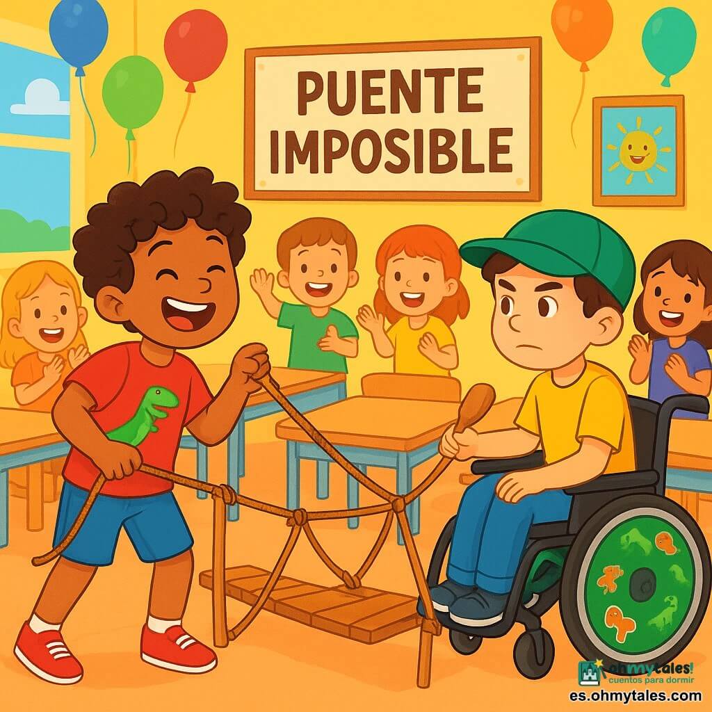 Hay 2 personajes principales: Nico, un niño de 8 años con cabello rizado y mucha energía, que lleva una camiseta roja con un dinosaurio y un pantalón corto azul. Está a la izquierda, sosteniendo una cuerda con una gran sonrisa. Tomás, un niño de 8 años en una silla de ruedas decorada con pegatinas de dinosaurios, tiene cabello castaño y lleva una gorra verde. Está a la derecha de Nico, mirando con determinación el desafío que tienen delante. El lugar es un aula luminosa y colorida, con paredes amarillas y carteles de dibujos animados. Las mesas de madera están dispuestas en círculo y globos de colores flotan en el techo. En el centro hay un gran "Puente Imposible" hecho de cuerdas y tablones de madera, rodeado de compañeros que animan a los dos amigos. La situación principal muestra a Nico y Tomás trabajando juntos para cruzar el Puente Imposible, usando una cuchara para lanzar una cuerda. Los niños a su alrededor ríen y aplauden, creando una atmósfera de alegría y emoción.